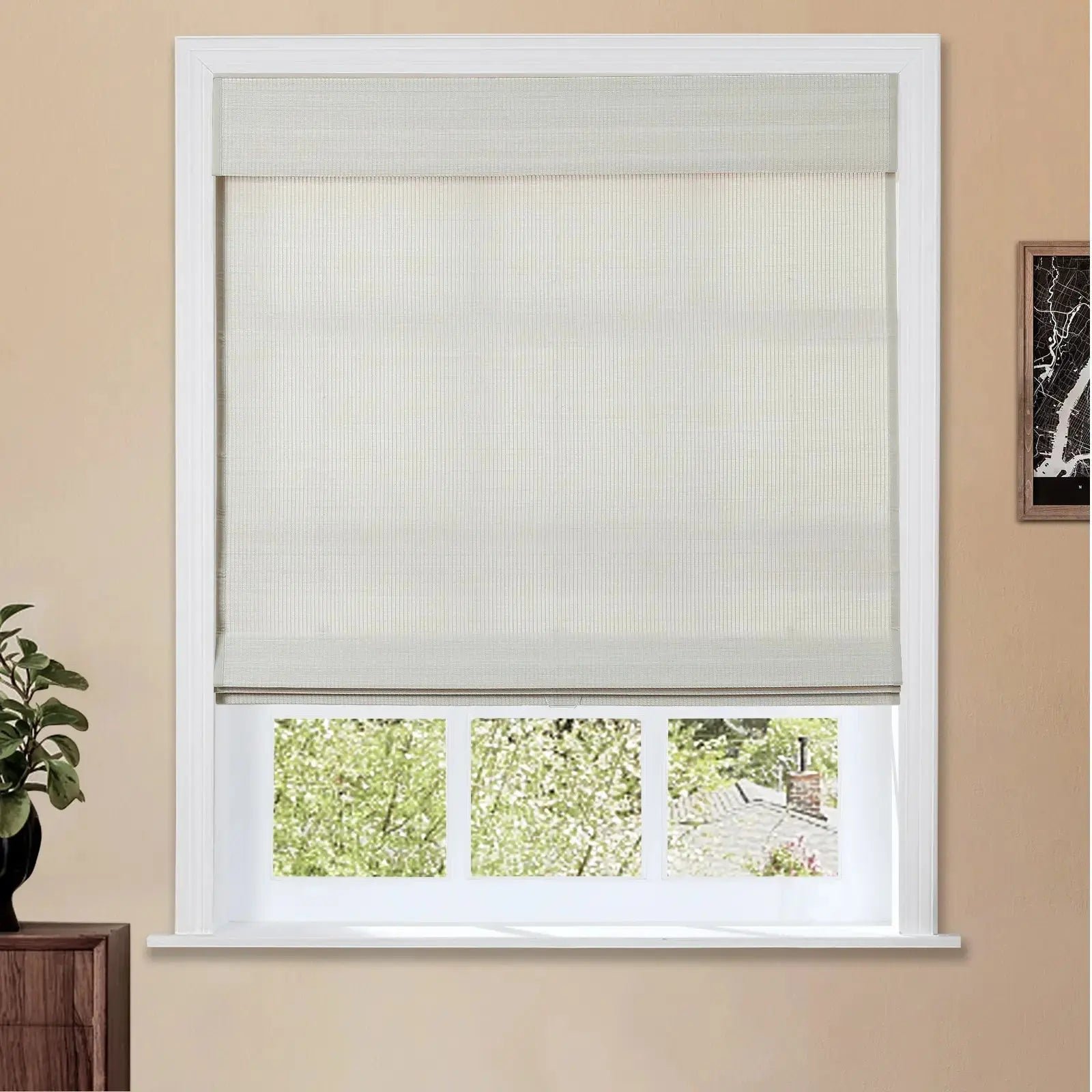 Sybil Bamboo Roman Shade Cord Lift - Natural Wood Window Blinds for Home & Office - Perfect for Living Room, Bedroom, and Kitchen Privacy