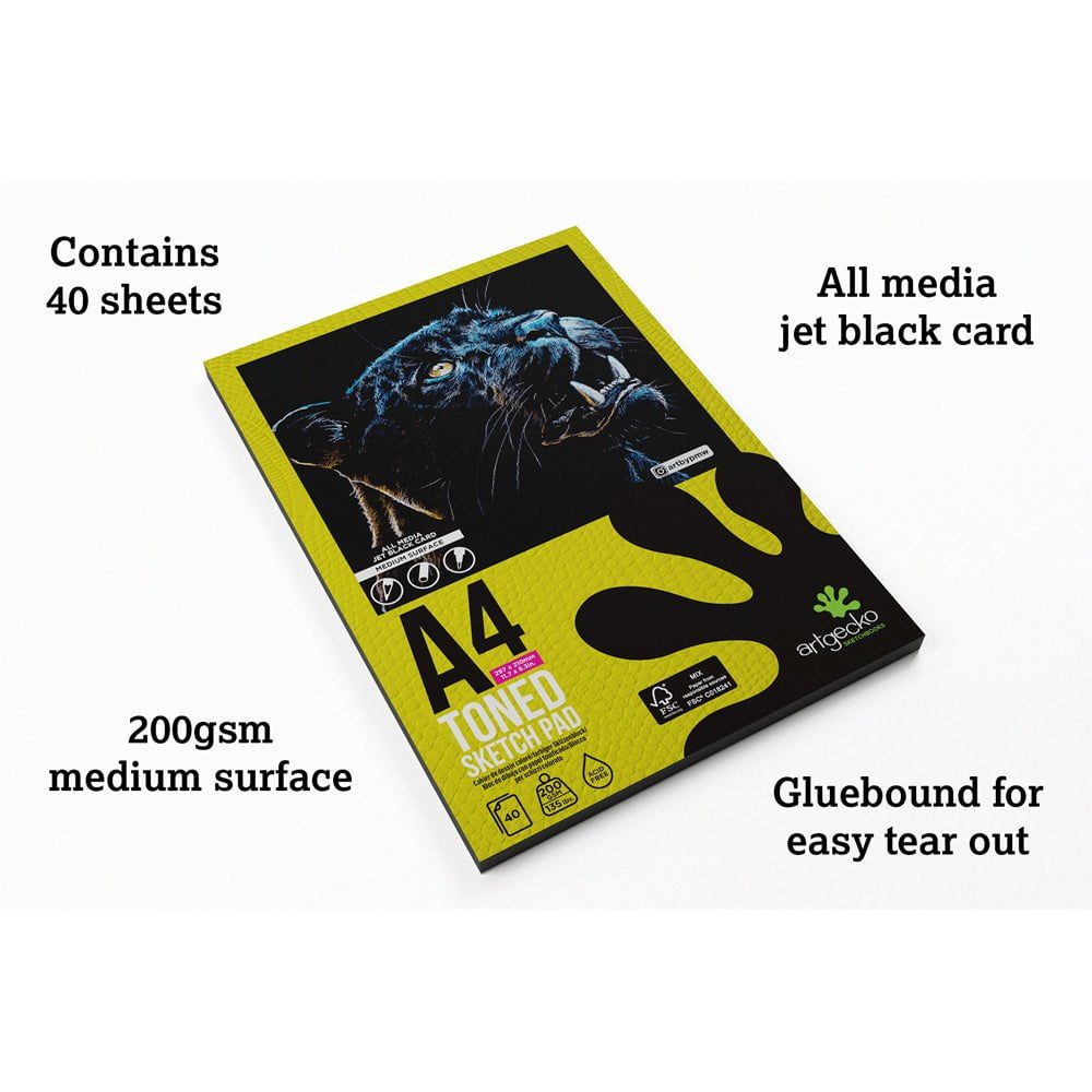 Artgecko Pro Toned Sketchpad A4 Size - 40 Sheets 200gsm Premium Black Card Paper for Artists, Drawing & Sketching - Perfect for Charcoal, Pencil & Pastel Artwork