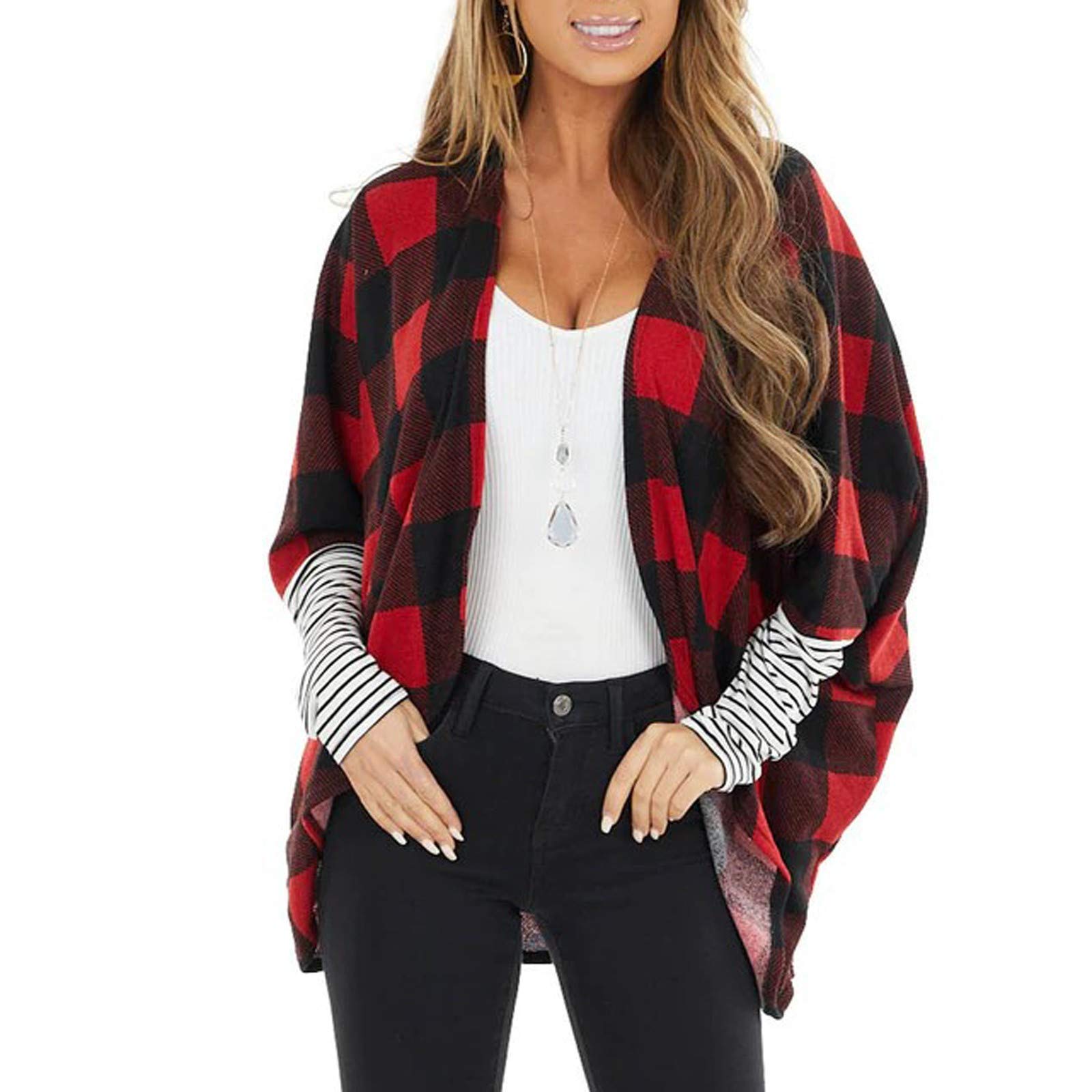 Women's Lightweight Waffle Knit Open Front Cardigan Sweater - Long Sleeve Plaid Patchwork Casual Blouse Top for Fall Layering & Coffee Dates