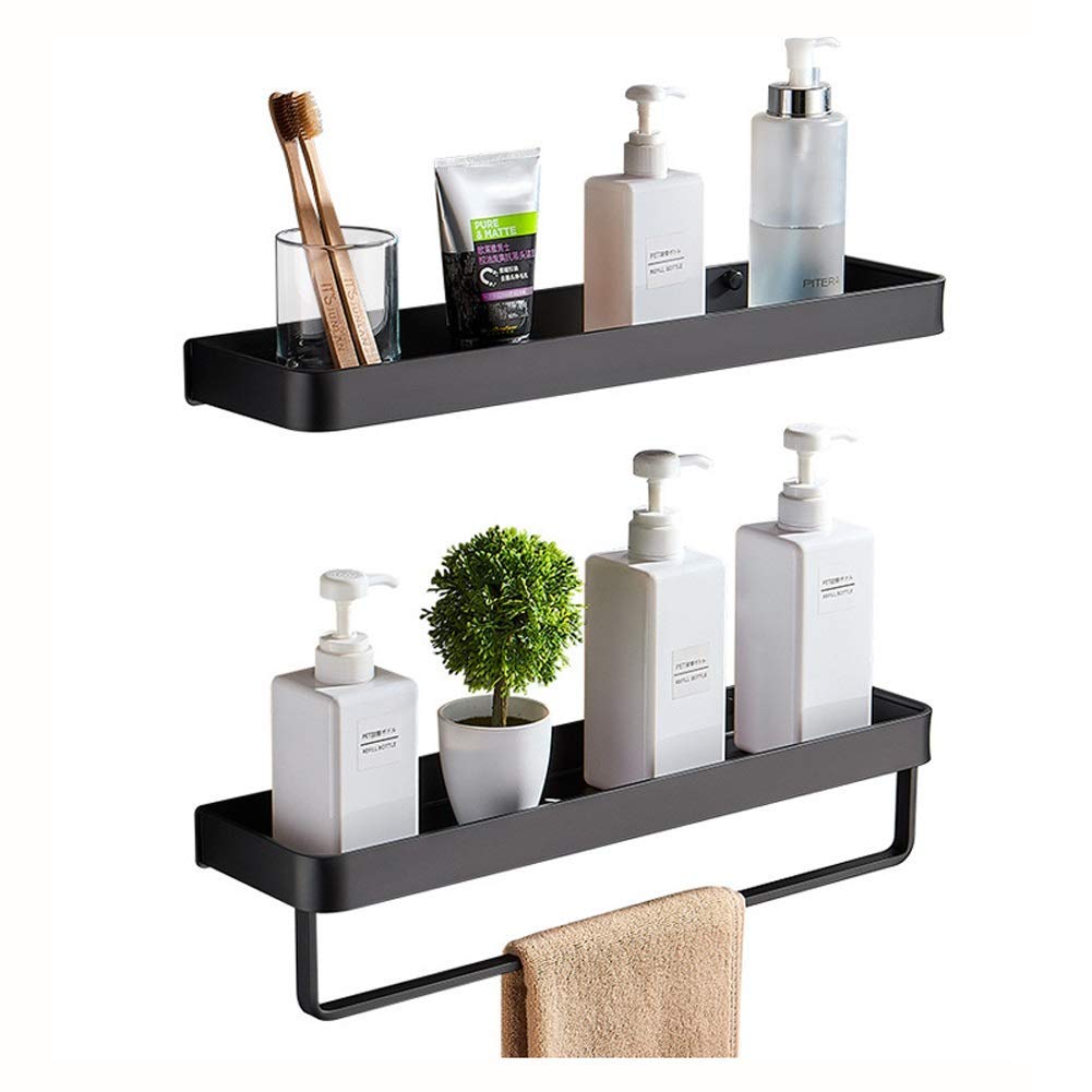 XLAHD 2-Pack Black Aluminum Floating Wall Shelf with Towel Bar - Bathroom, Kitchen, Bedroom & Living Room Storage Organizer for Spices, Mugs, Napkins & Toiletries | Space-Saving Wall Mounted Shelves for Small Spaces