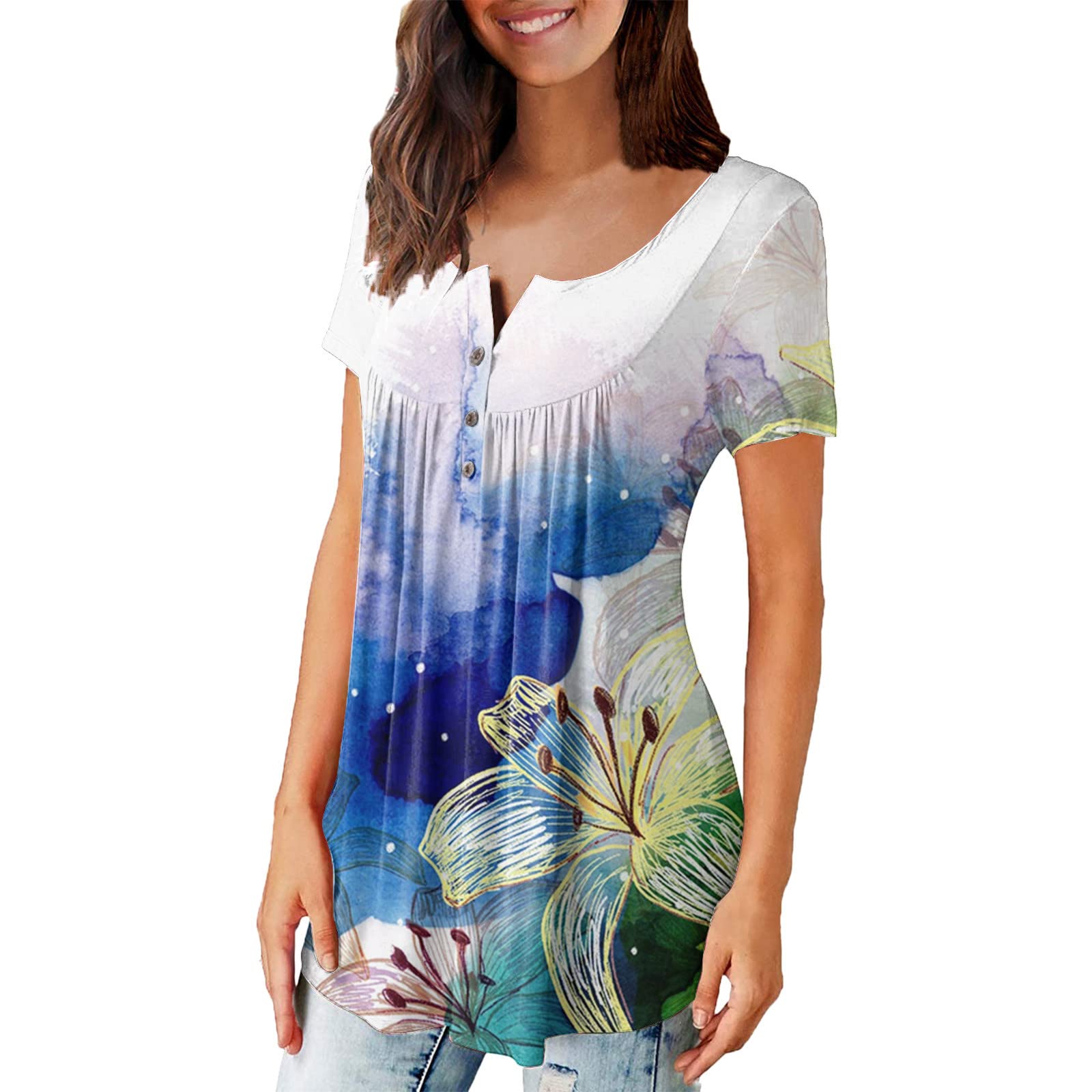 Women's V Neck T-Shirts - Casual Hide Belly Pleated Flowy Blouses & Trendy Henley Tops | Perfect for Summer Outfits, Beach Wear & Everyday Comfort