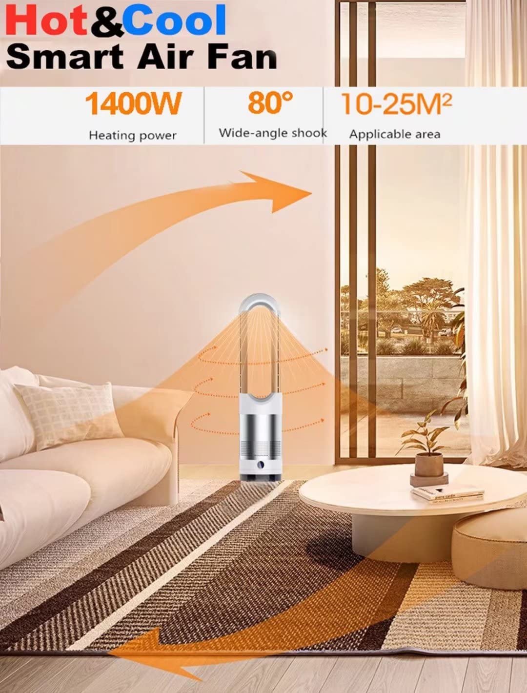 1400W Bladeless Heater Fan & Tower Fan - 8 Speed Adjustable, 80° Oscillating Air Circulator with Remote Control, LED Display & Silent 8-Hour Timer - Perfect for Home, Office, and Bedroom Cooling & Heating