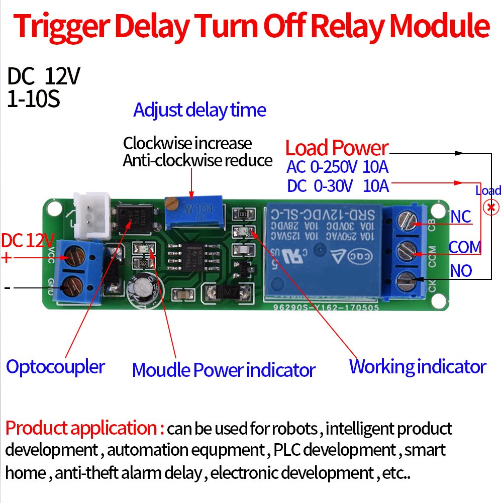 12V DC Adjustable Time Delay Relay Module - 1-10 Second Timer Switch for Turn Off Control | Perfect for Home Automation, DIY Projects, and Industrial Equipment