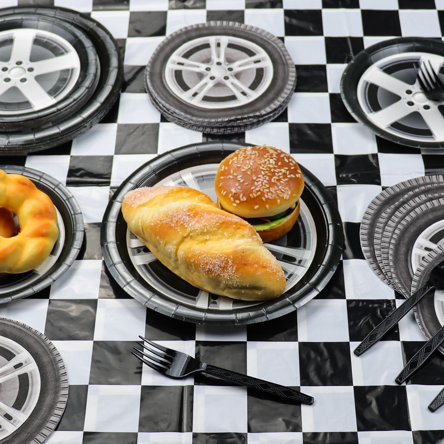 **81Pcs Racing Car Birthday Party Decorations Set - Car Wheel Plates, Tire Napkins, Forks & Checkered Tablecloth for Kids' Racing Themed Party (Serves 20) - Perfect for Birthday Celebrations, Sports Events & Themed Decor**