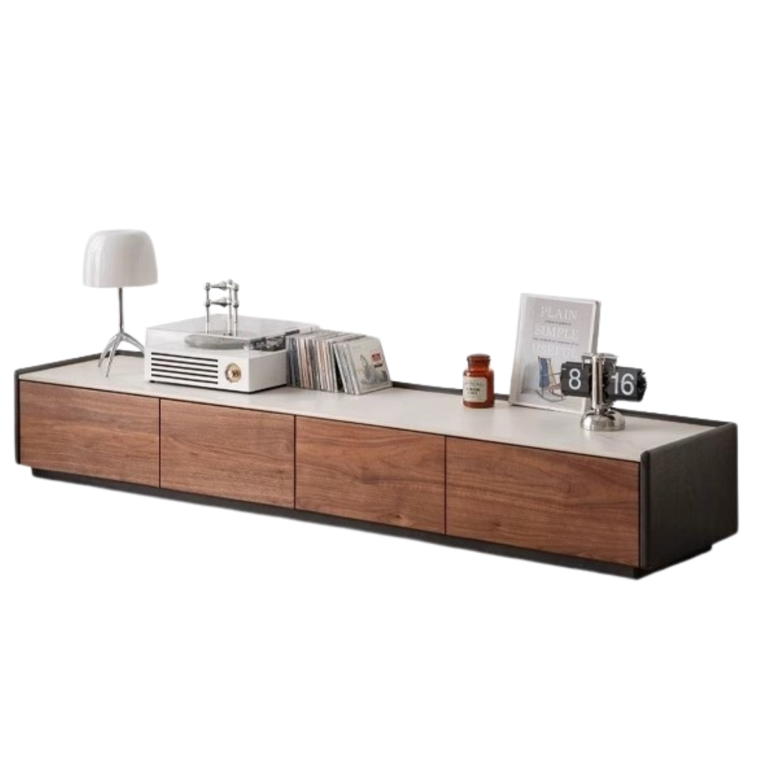 Premium Black Walnut Solid Wood TV Stand with Rock Slab Design - Modern Entertainment Center for Living Room, Home Theater & Media Storage