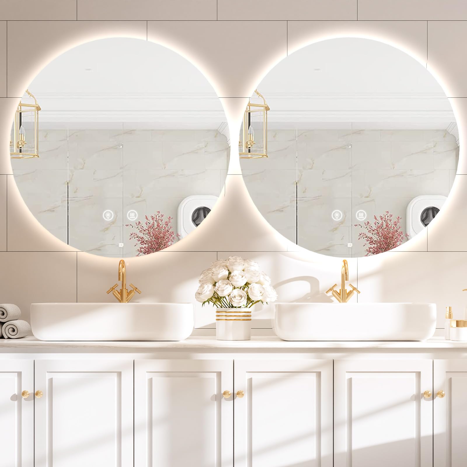 24 Inch LED Bathroom Mirror with Backlit Vanity Lights - Smart Dimmable Touch Control, 3 Color Temperature Modes, Shatter-Proof Round Design for Modern Bathrooms & Dressing Rooms
