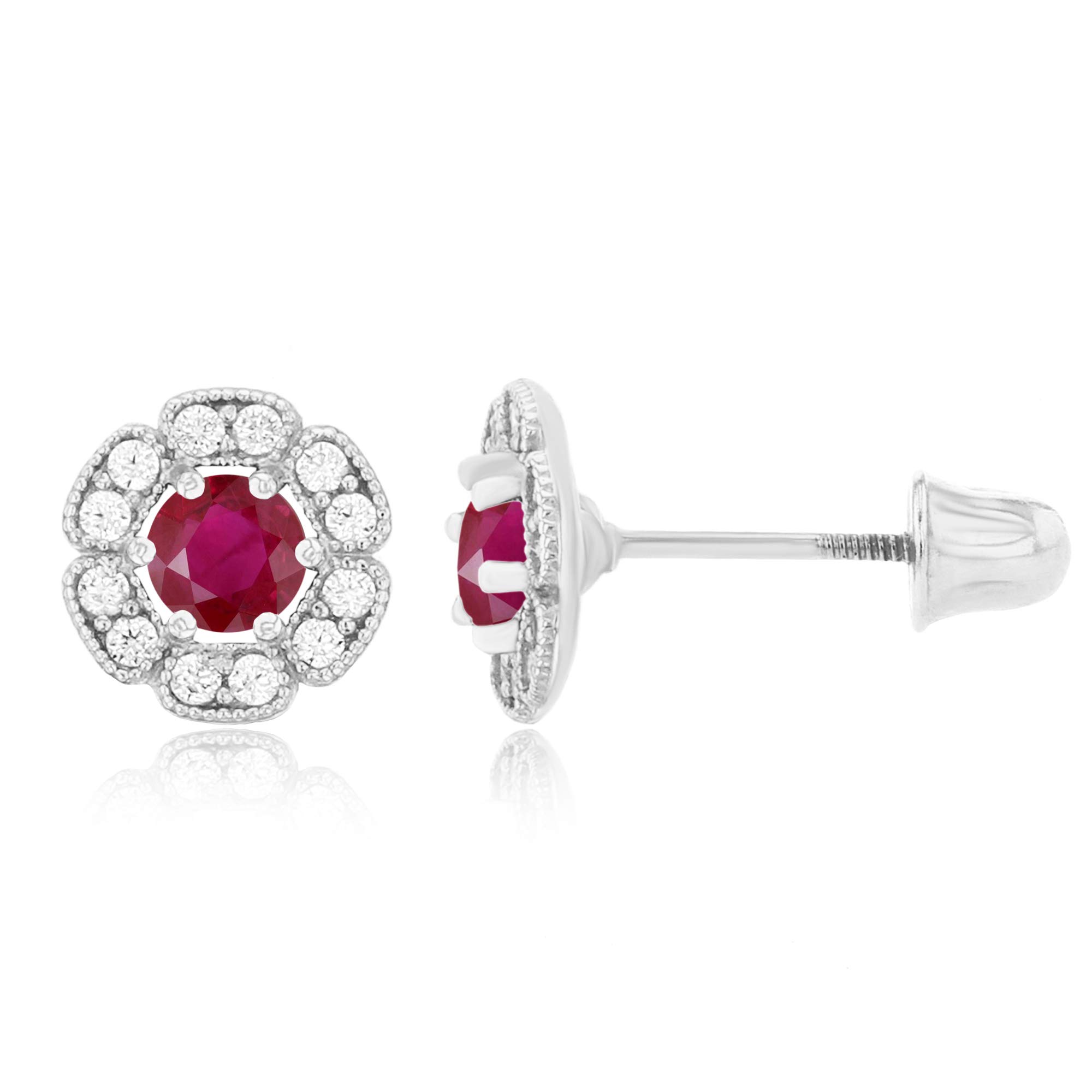 14K Gold 6mm Natural Birthstone Flower Screwback Stud Earrings for Women - 7mm Round Birthstone with 1mm White Sapphire Accent | Perfect for Birthdays, Anniversaries & Everyday Elegance