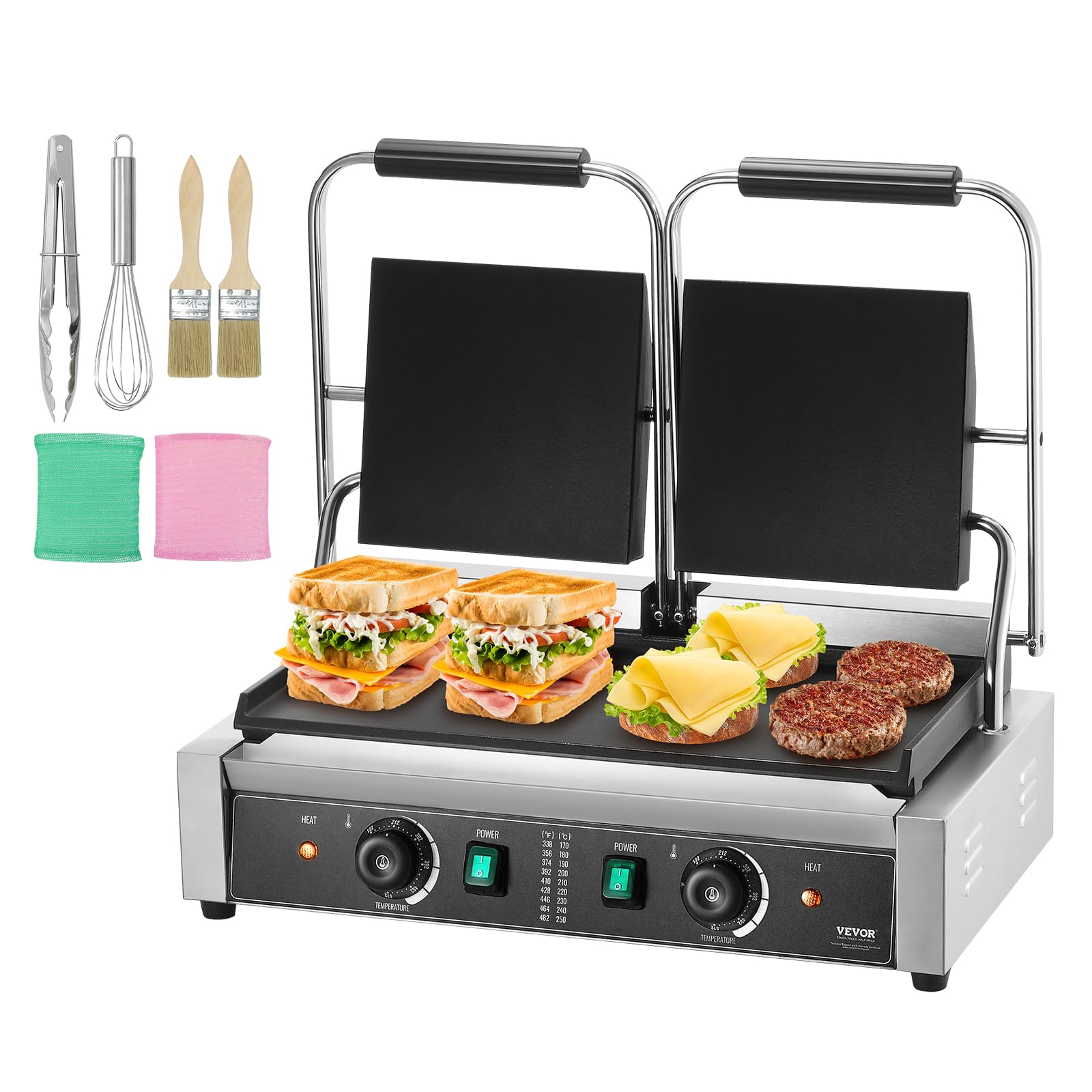 VEVOR 3600W Commercial Panini Grill Press - Stainless Steel Electric Sandwich Maker with Temperature Control & 19