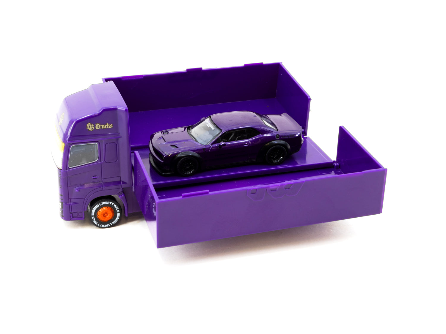 Tarmac Works 1/64 LB WORKS Dodge Challenger SRT Hellcat Purple Diecast Model Car with Truck - Collectible Miniature for Display, Racing Enthusiasts & Car Lovers