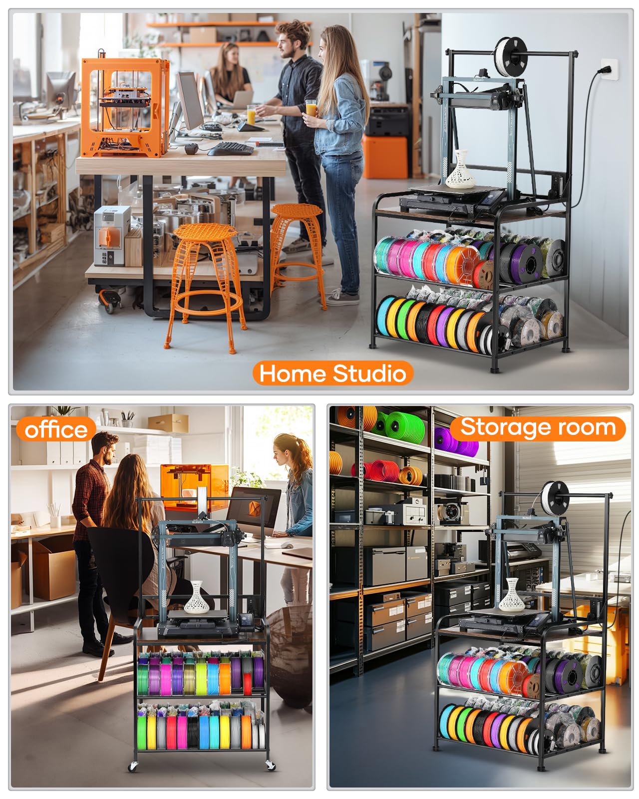 3D Printer Filament Storage Rack with Wheels - Heavy Duty Rolling 3D Printing Stand Organizer for PLA, ABS, PETG Spools | Perfect for Garage, Office & Workshop Organization