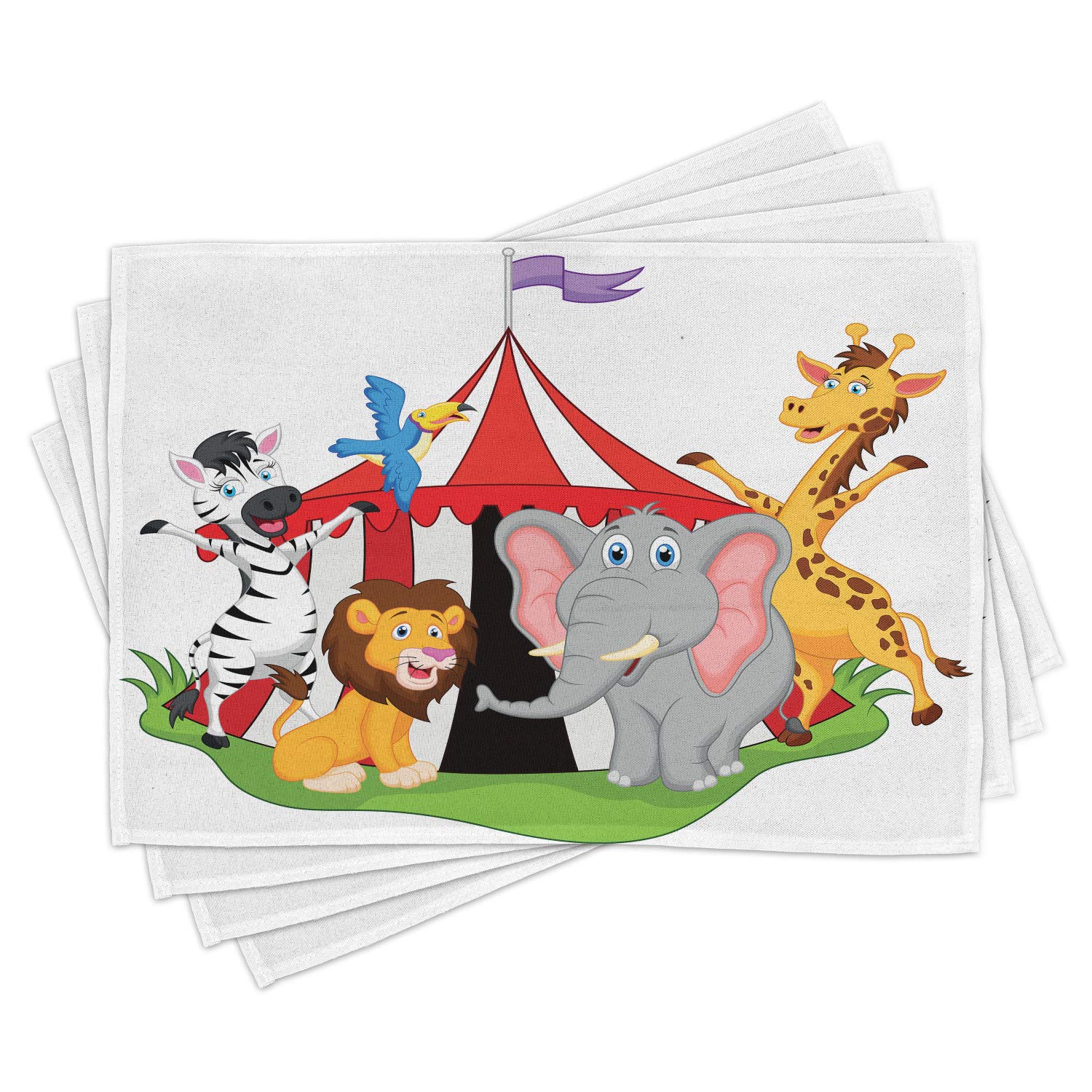 Ambesonne Circus Themed Place Mats Set of 4 - Acrobat Animal Performers Under Big Top Tent with Happy Giraffe & Elephant Design | Washable Fabric Dining Table Mats for Kitchen & Restaurant Decor in Red, Green & Yellow | Perfect for Birthday Parties, Themed Dinners & Circus Lovers