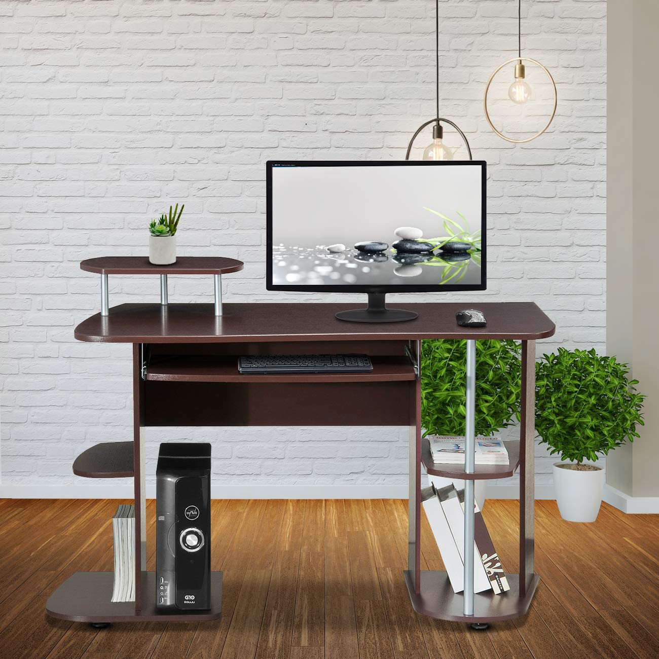 TECHNI MOBILI Complete Computer Workstation Desk with Storage - Chocolate Brown | Home Office Desk with Shelves & Drawers for PC, Laptop & Gaming Setup