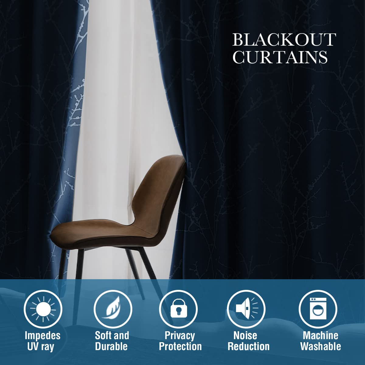 Blackout Curtains for Bedroom & Living Room - Thermal Insulated Light Blocking Window Drapes with Grommet Top - Foil Print Twig Tree Branch Design - 52 x 63 Inch, 2 Panels Navy - Perfect for Home Theater, Nursery & Shift Workers