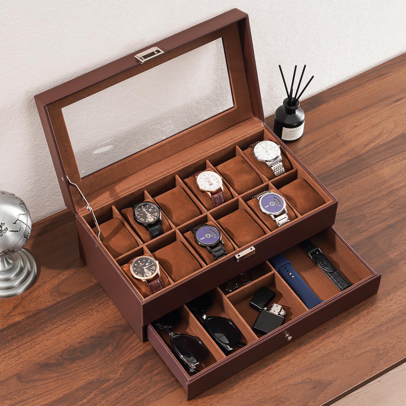 ProCase 12-Slot Watch Box for Men & Women - 2-Layer Watch Organizer with Glass Lid & Drawer - Jewelry & Watch Storage Case (Espresso) - Perfect for Watch Collectors & Gift Giving