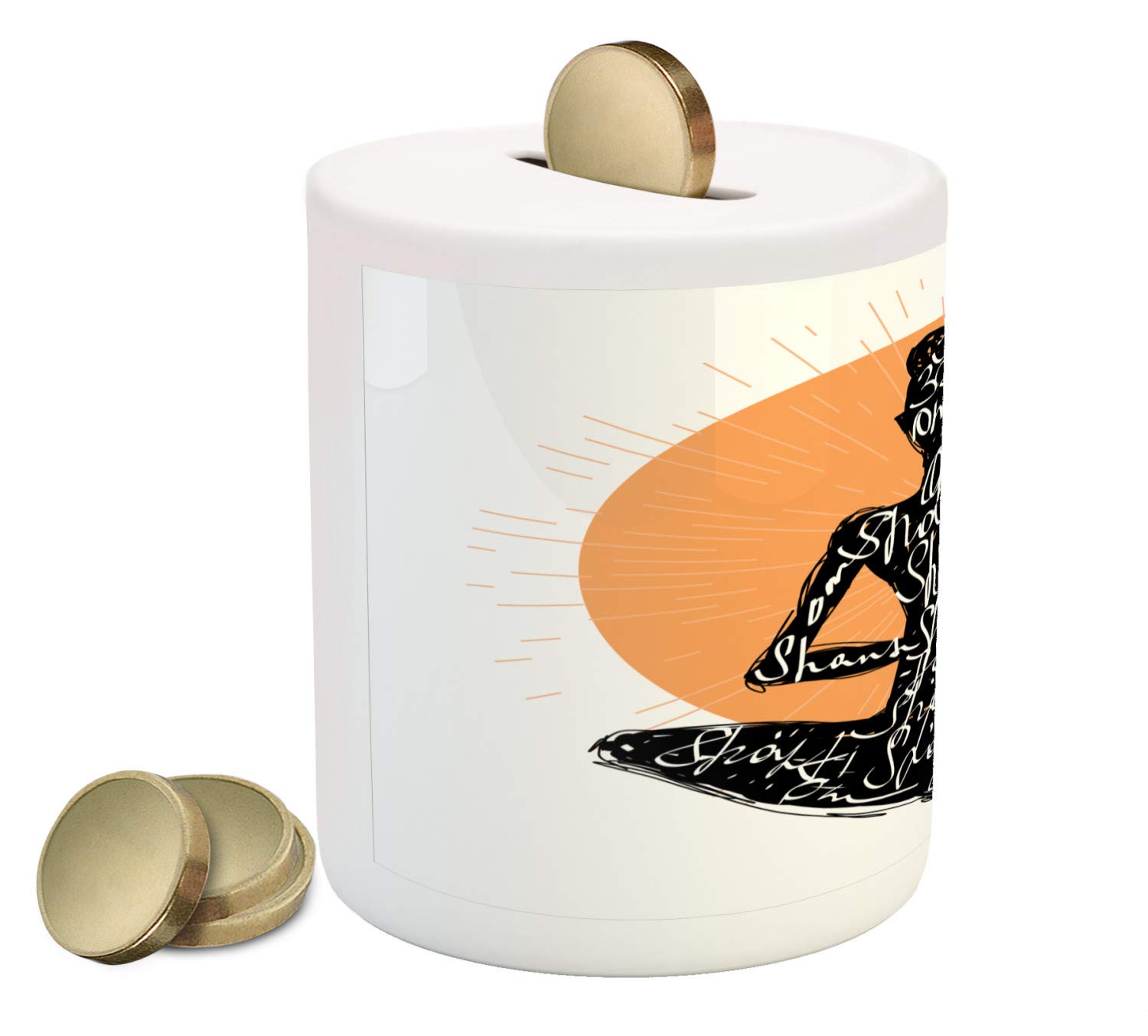 Ambesonne Ceramic Piggy Bank - Yoga Lady Silhouette in Lotus Pose Meditation Design, Money Box for Cash Savings (3.6