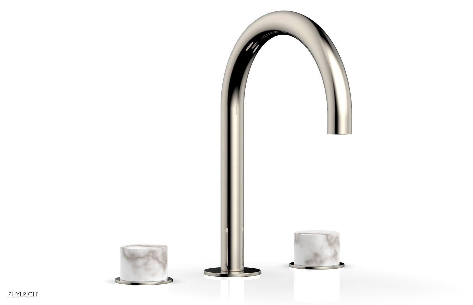 BASIC II Widespread Bathroom Faucet with White Marble Handles - 8 Inch Centerset, Brushed Nickel Finish for Modern Vanity Sinks (Model 230-03) - Perfect for Guest Bathrooms and Powder Rooms