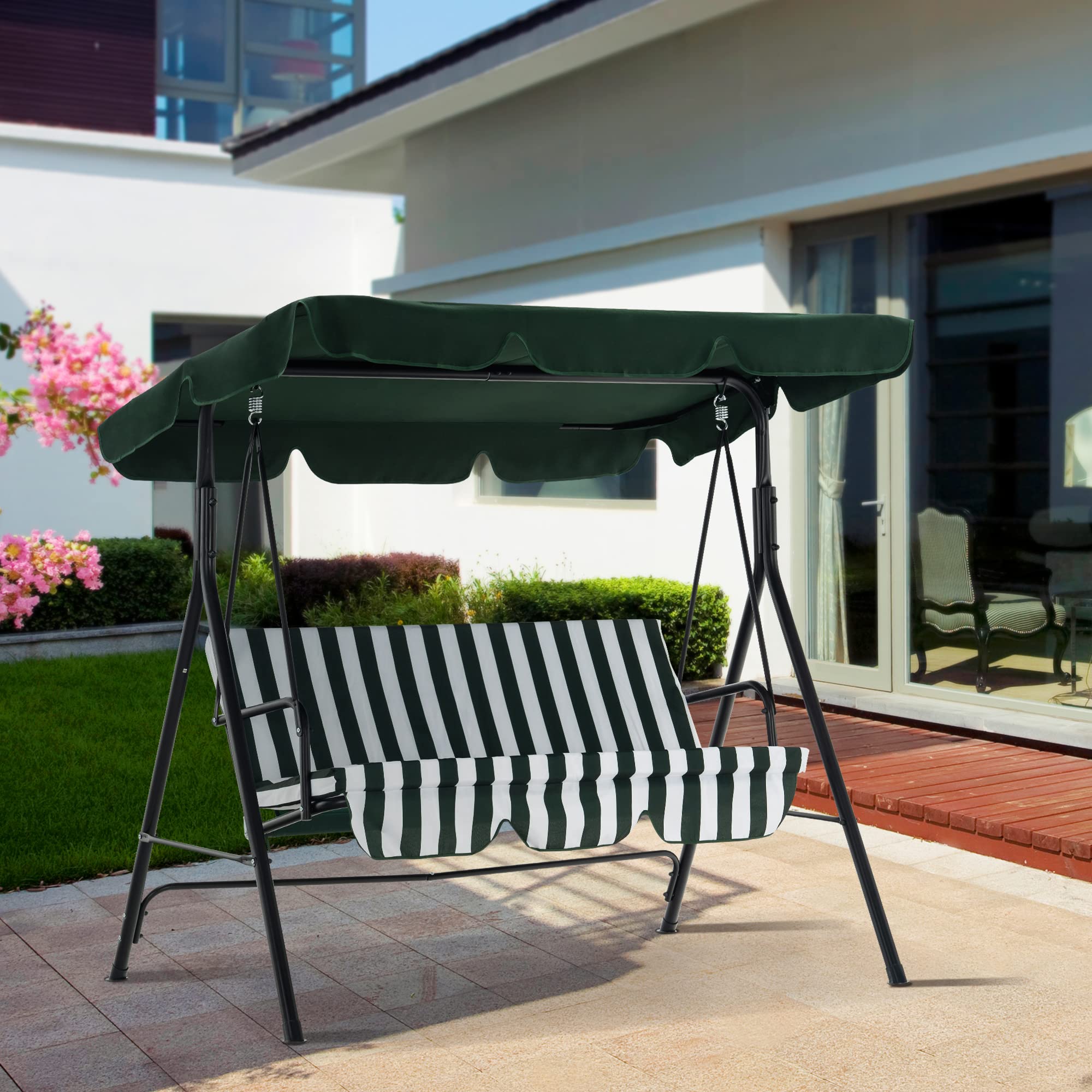 MCombo 2-3 Person Outdoor Patio Swing Chair with Canopy & Steel Stand - Removable Cushions, Weather-Resistant - Perfect for Backyard, Garden, Balcony, Porch (Green & White Stripes) | Relaxing, Lounging & Outdoor Decor