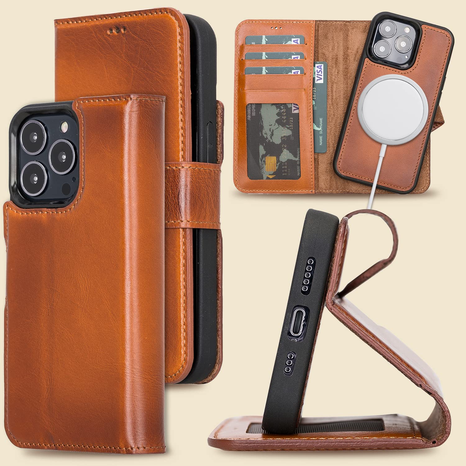 Bayelon Premium Full Grain Leather Wallet Case for iPhone 13 Pro - Magnetic Detachable Flip Cover with Card Slots & Kickstand | MagSafe Compatible | Rustic Tan | Perfect for Business Travel & Daily Use