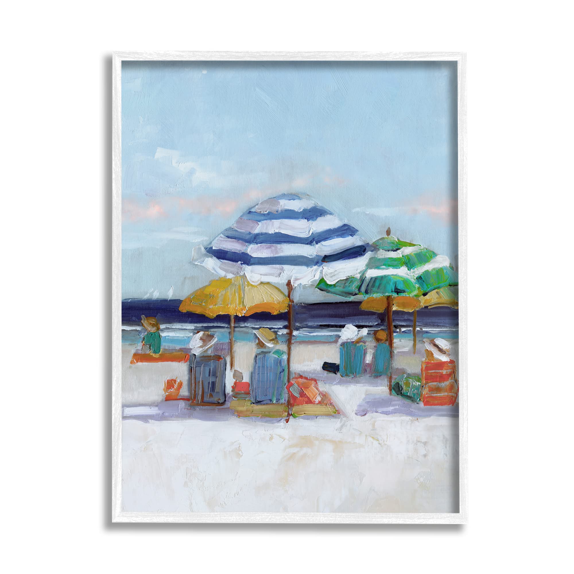 Stupell Industries Calm Beach Umbrella People Relaxing Ocean Shoreline Wall Art - Sally Swatland Coastal Painting - Perfect for Beach House Decor, Living Room & Bedroom