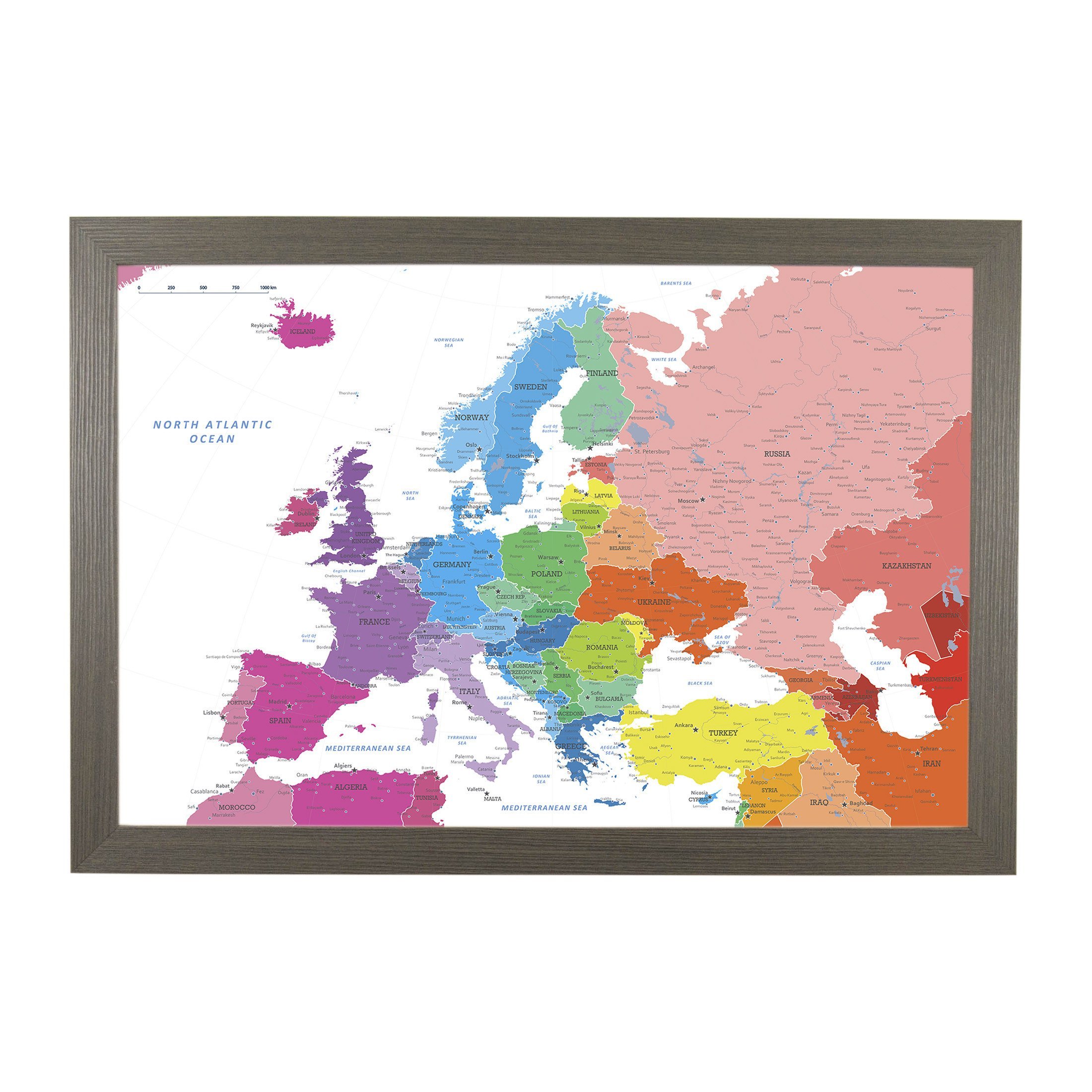 Push Pin Travel Map - Colorful Europe Map with Barnwood Gray Frame & Pins - 27.5x39.5 Inches - Perfect for Home Decor, Office Wall Art & Travel Planning
