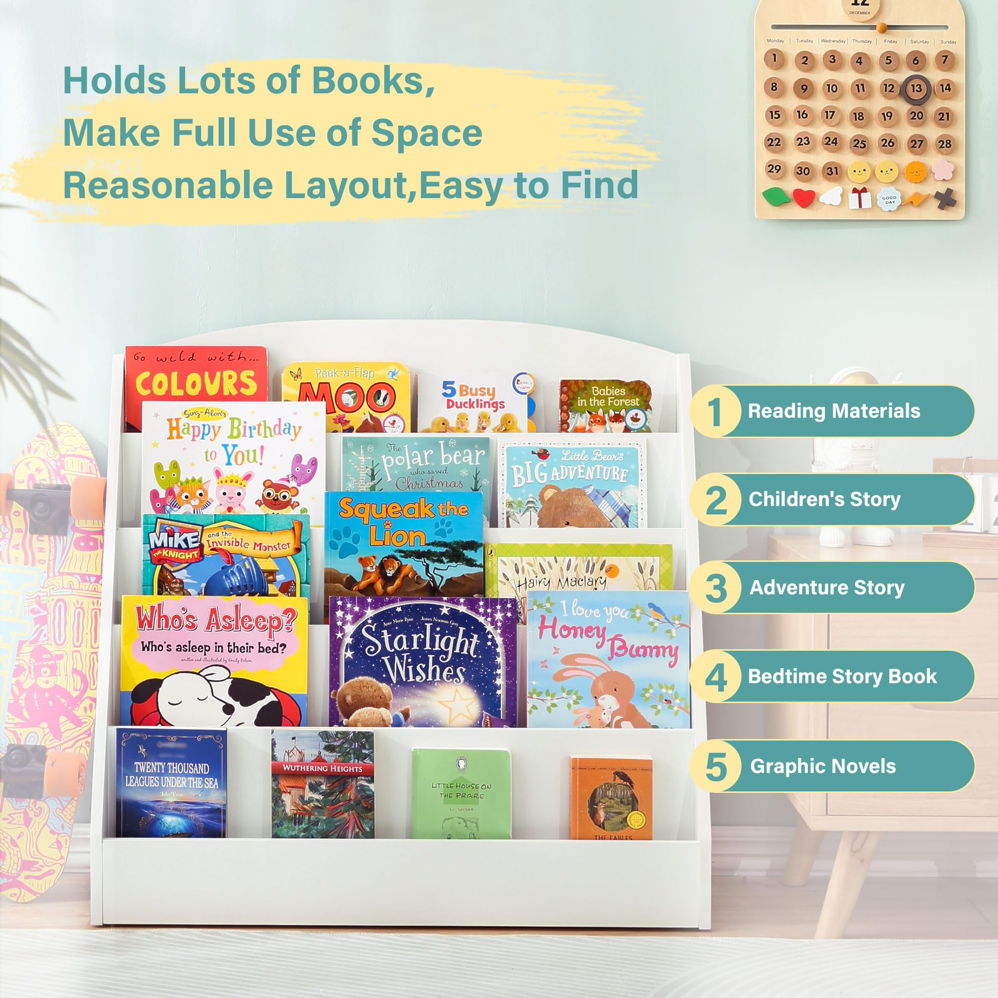 TOETOL 5-Tier Wooden Kids Bookshelf - Sturdy Toddler Book Display Organizer for Classroom, Playroom & Nursery - White Children's Book Storage Rack - Perfect for Daycare, Homeschool & Bedroom Reading Corner