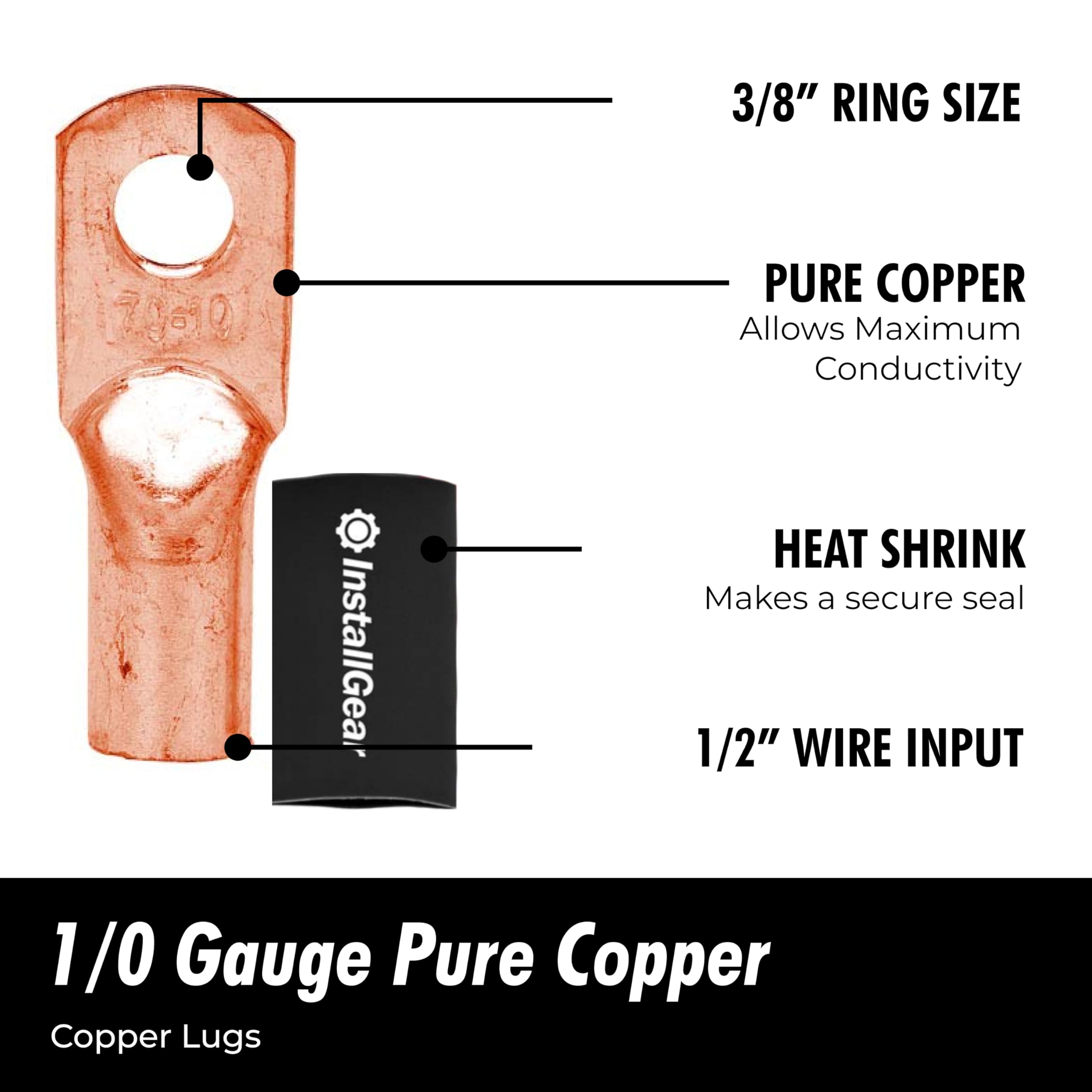 InstallGear 1/0 Gauge AWG Pure Copper Ring Terminals with Heat Shrink (10 Pack) - Heavy Duty Electrical Connectors for Car Audio, Marine, Solar & RV Wiring - Secure & Durable 1/0 Gauge Wire Terminals for Professional Installations