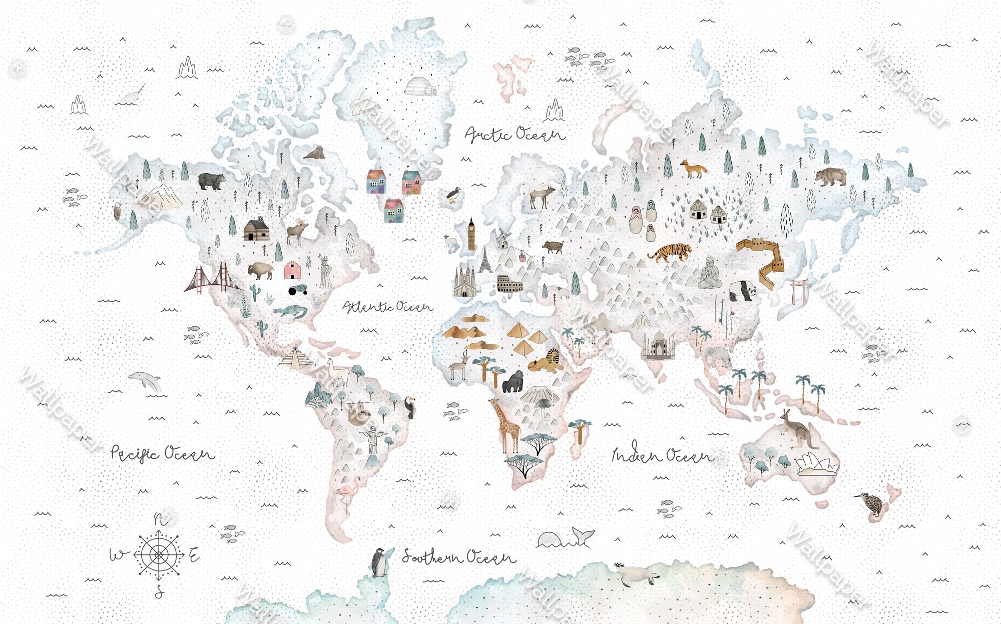 World Map Wallpaper Mural for Kids Room - White Themed Educational Decor | Perfect for Nursery, Classroom & Playroom Learning Spaces