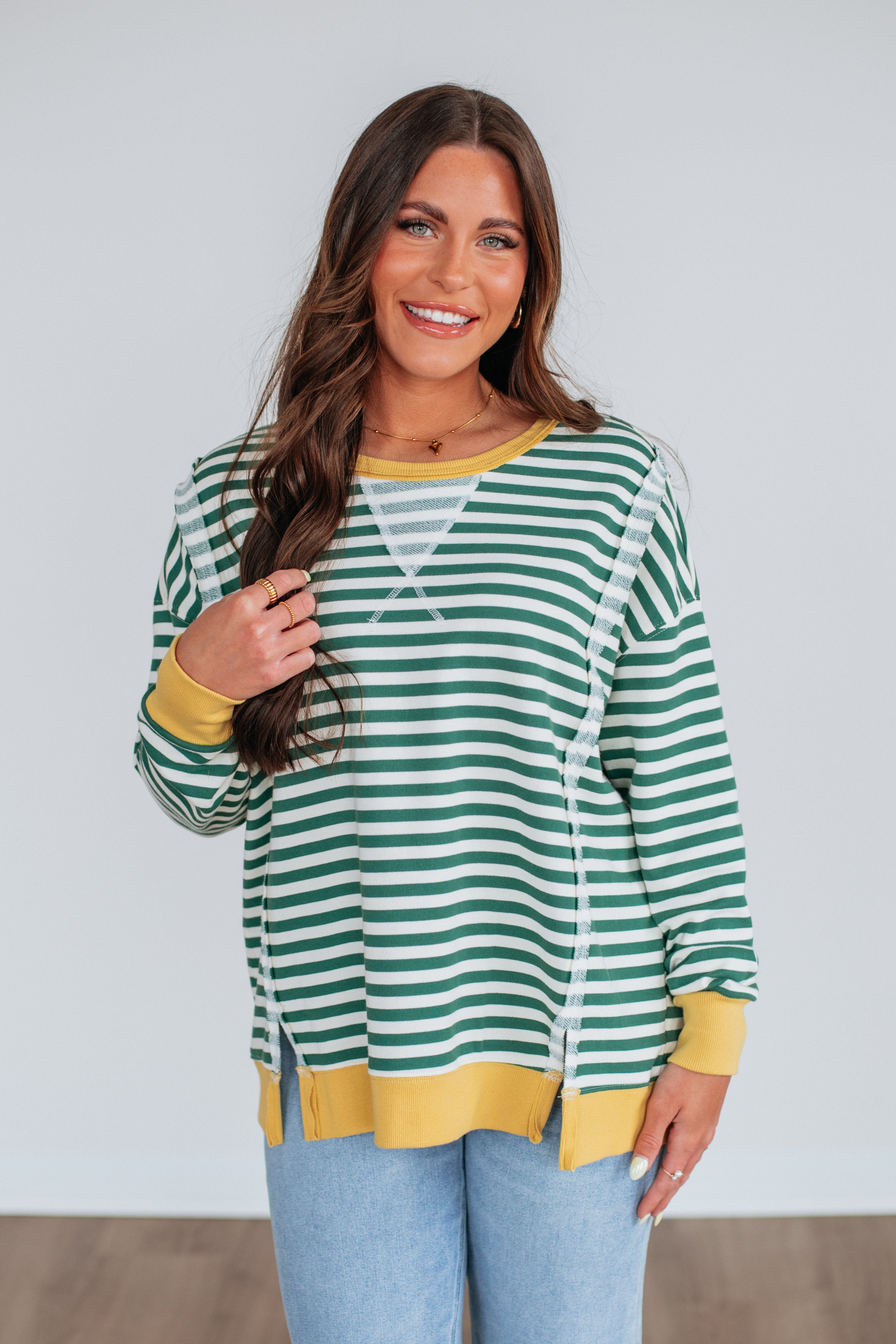 Rasha Striped Women's Top - Stylish Hunter Green Mix for Casual Outfits & Layering | Perfect for Everyday Wear, Office, and Weekend Outings