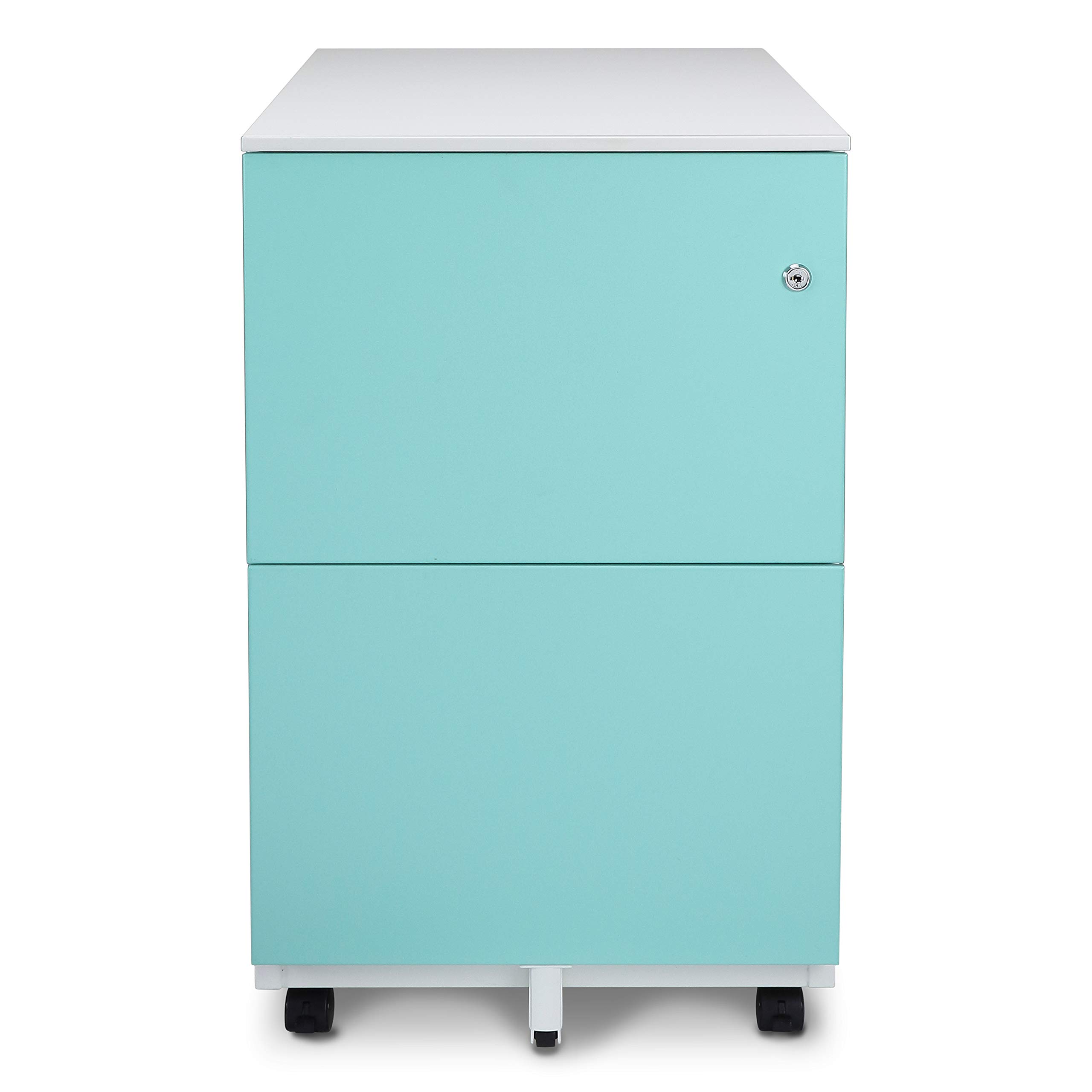 2-Drawer Metal File Cabinet with Lock & Key - Aurora Mobile Sliding Drawer Storage in White/Aqua Blue | Fully Assembled Office Organizer for Home & Business Use