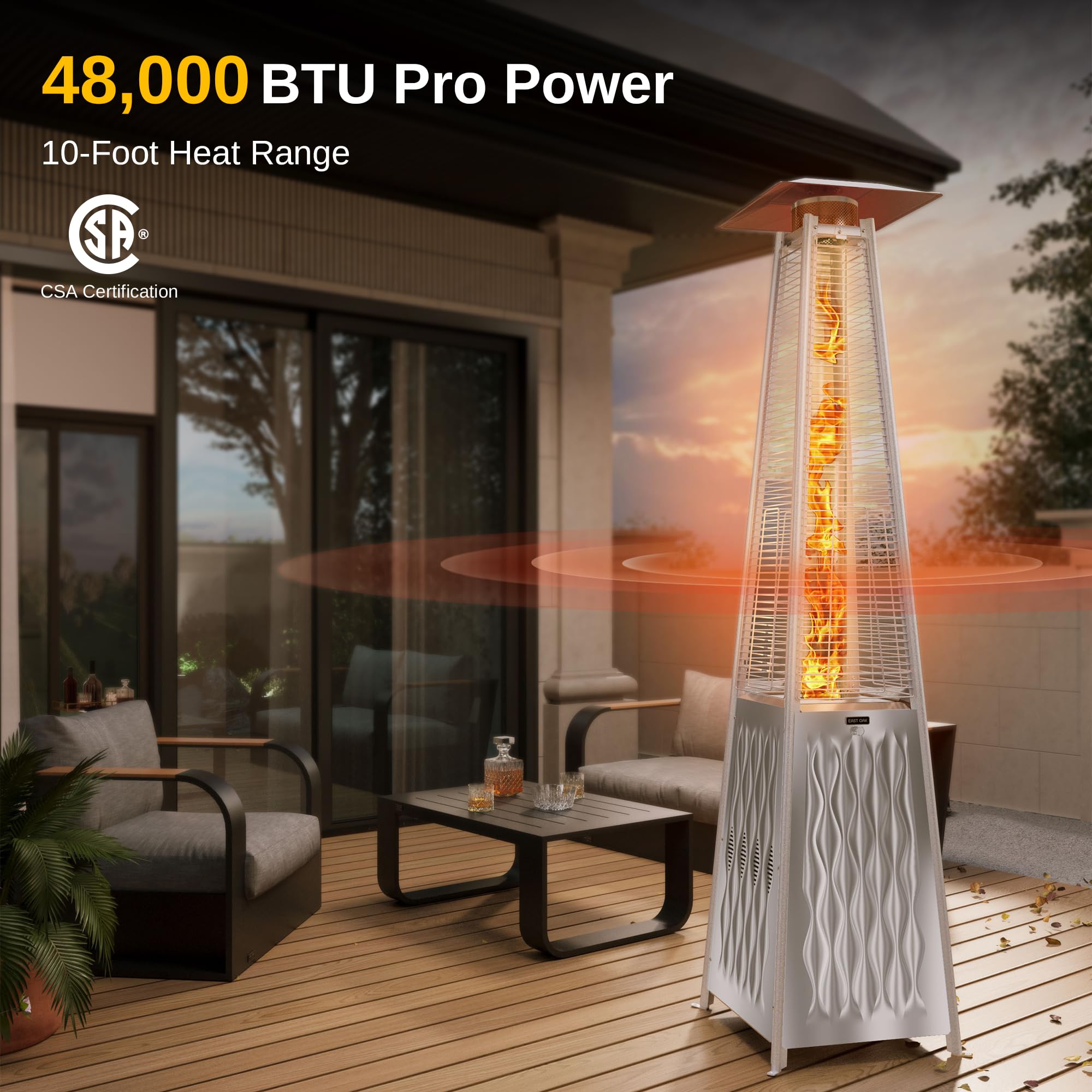 EAST OAK 48,000 BTU Stainless Steel Pyramid Patio Heater with Quartz Glass Tube - Triple Protection System & Wheels - Outdoor Propane Heater for Restaurants, Backyard, Deck, Garden - Commercial & Residential Use