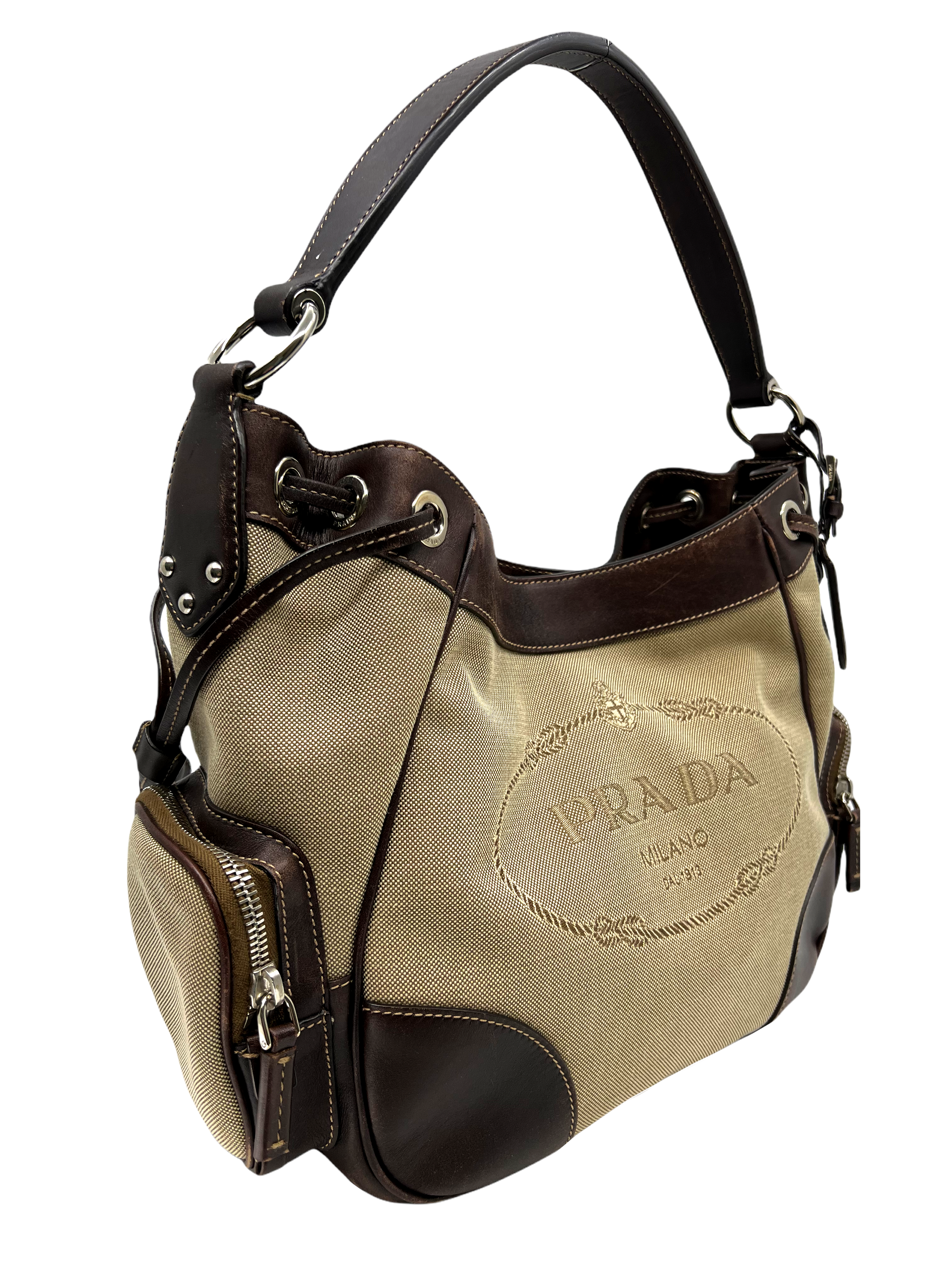 Prada Canapa Logo Side Pocket Hobo Bag - Luxury Leather Shoulder Bag for Women | Perfect for Work, Travel & Everyday Use