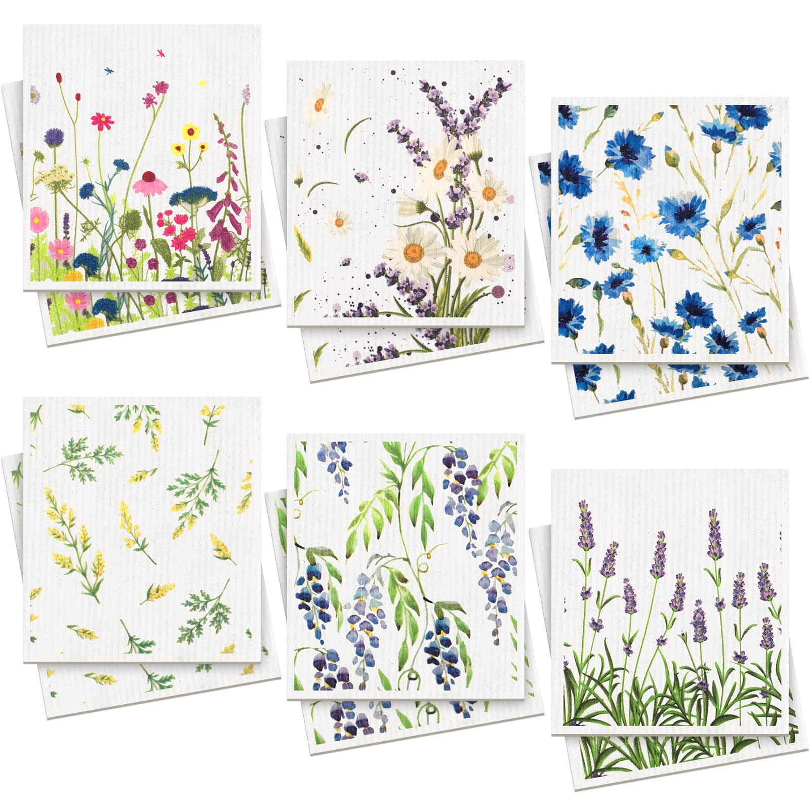 12-Pack Swedish Dish Towels - Reusable, Absorbent & Quick-Drying Kitchen Cloths | Eco-Friendly Cleaning Wipes for Dishes, Countertops & Household Chores | Washable, Odor-Free Hand Towels (Wildflowers Design) - Perfect for Daily Kitchen Cleaning, Dish Drying & Home Organization