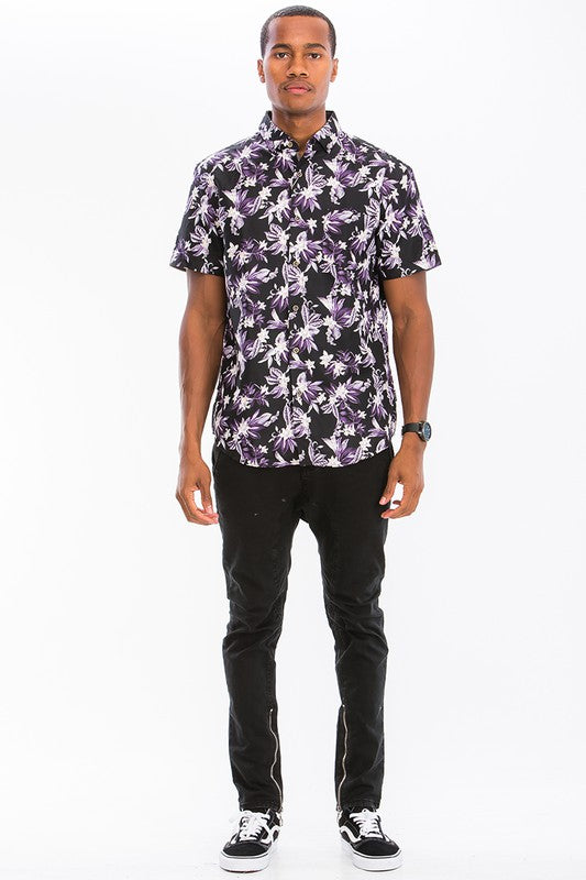 Men's Hawaiian Print Button Down Shirt - Tropical Floral Short Sleeve Casual Shirt WS7015 for Beach Vacation, Summer Party & Outdoor Activities