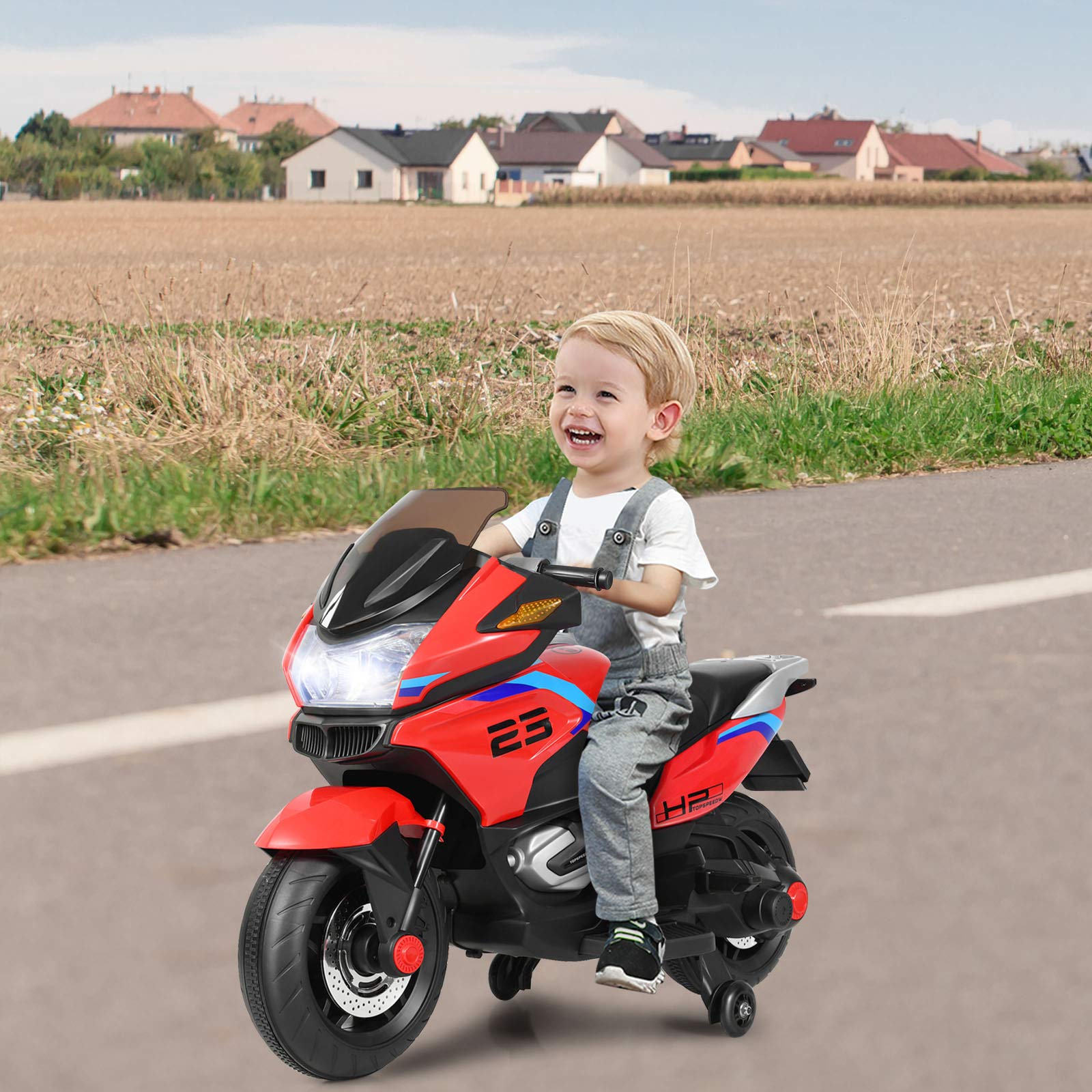 HONEY JOY 12V Kids Electric Motorcycle with Training Wheels & LED Lights - Battery Powered Ride On Toy for Boys Girls Ages 3+ - Spring Suspension, Foot Pedal - Perfect Birthday Gift & Outdoor Play (Red)