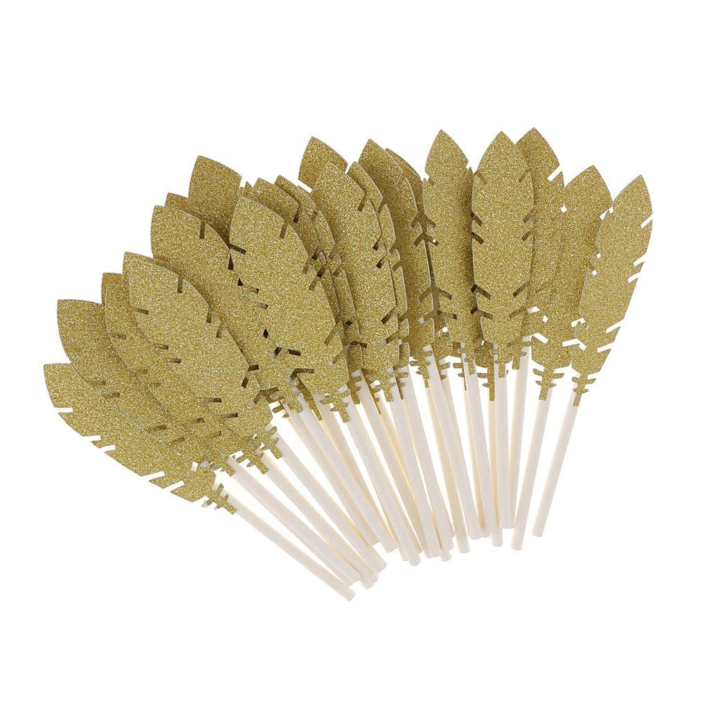30pcs Gold Glitter Feather Cake Toppers - Elegant Cupcake Food Picks for Baby Shower, Birthday Party & Wedding Cake Decorations - Perfect for DIY Desserts and Special Celebrations