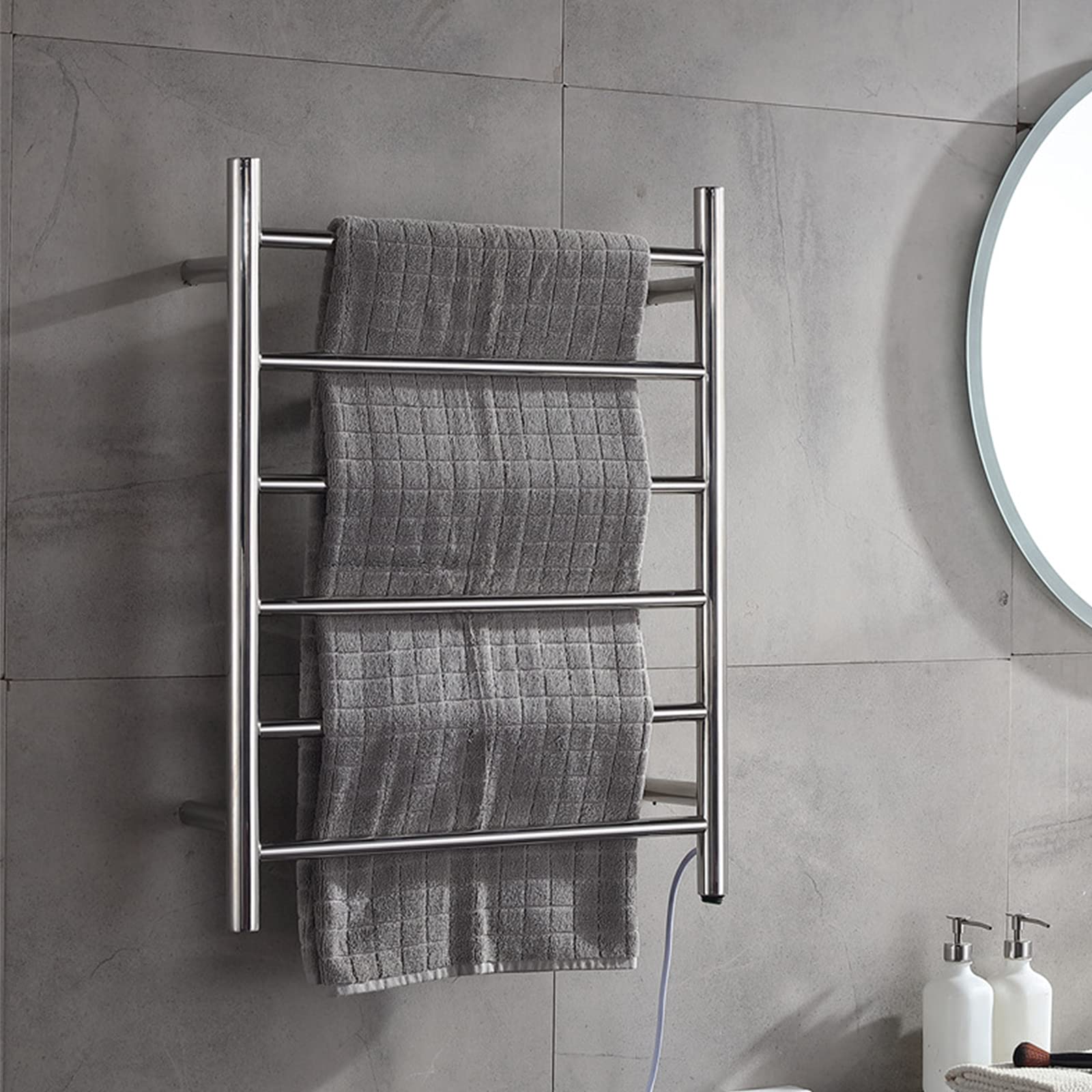 Electric Heated Towel Rack - 6 Round Bar Wall Mounted Stainless Steel Towel Warmer for Bathroom | Low Energy Consumption | Modern Bright Design | Hardwired Installation | Perfect for Spa, Luxury Hotels & Cozy Home Bathrooms