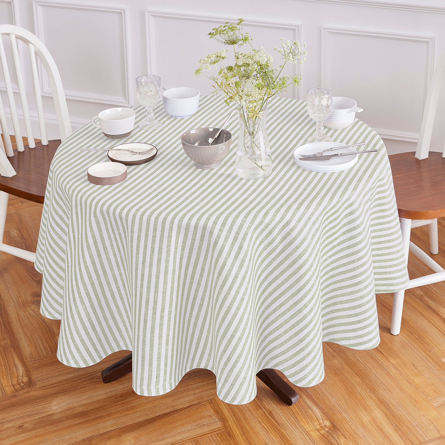 Amalfi Stripe Round Tablecloth - Waterproof & Stain-Resistant 60-Inch Dining Table Cover for Indoor/Outdoor Use - Perfect for Parties, Picnics, and Family Gatherings