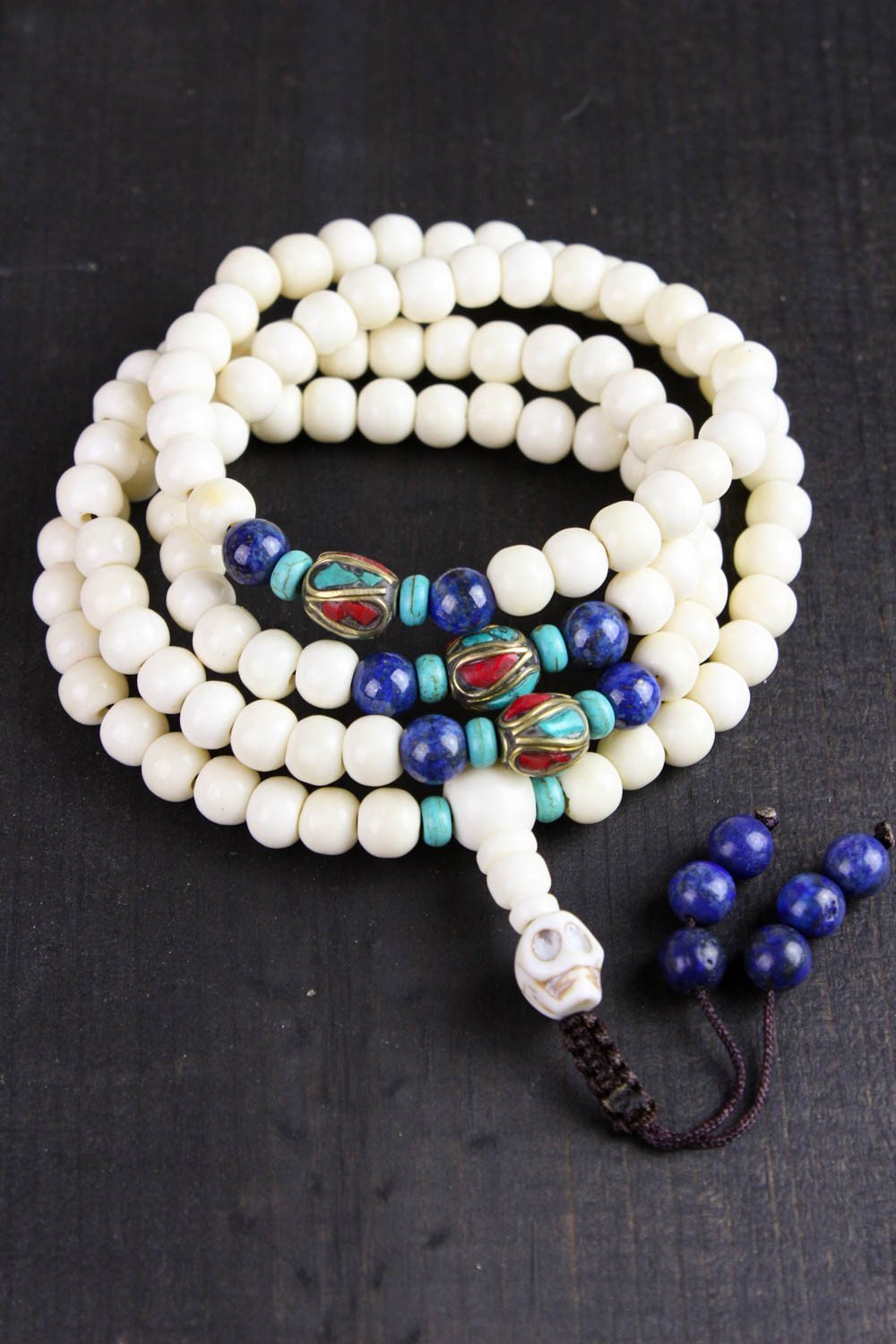 108 Bead Yak Bone Mala Prayer Bracelet with Genuine Lapis Lazuli & Traditional Tibetan Beads - Buddhist Meditation, Yoga Accessories & Spiritual Jewelry for Mindfulness Practice