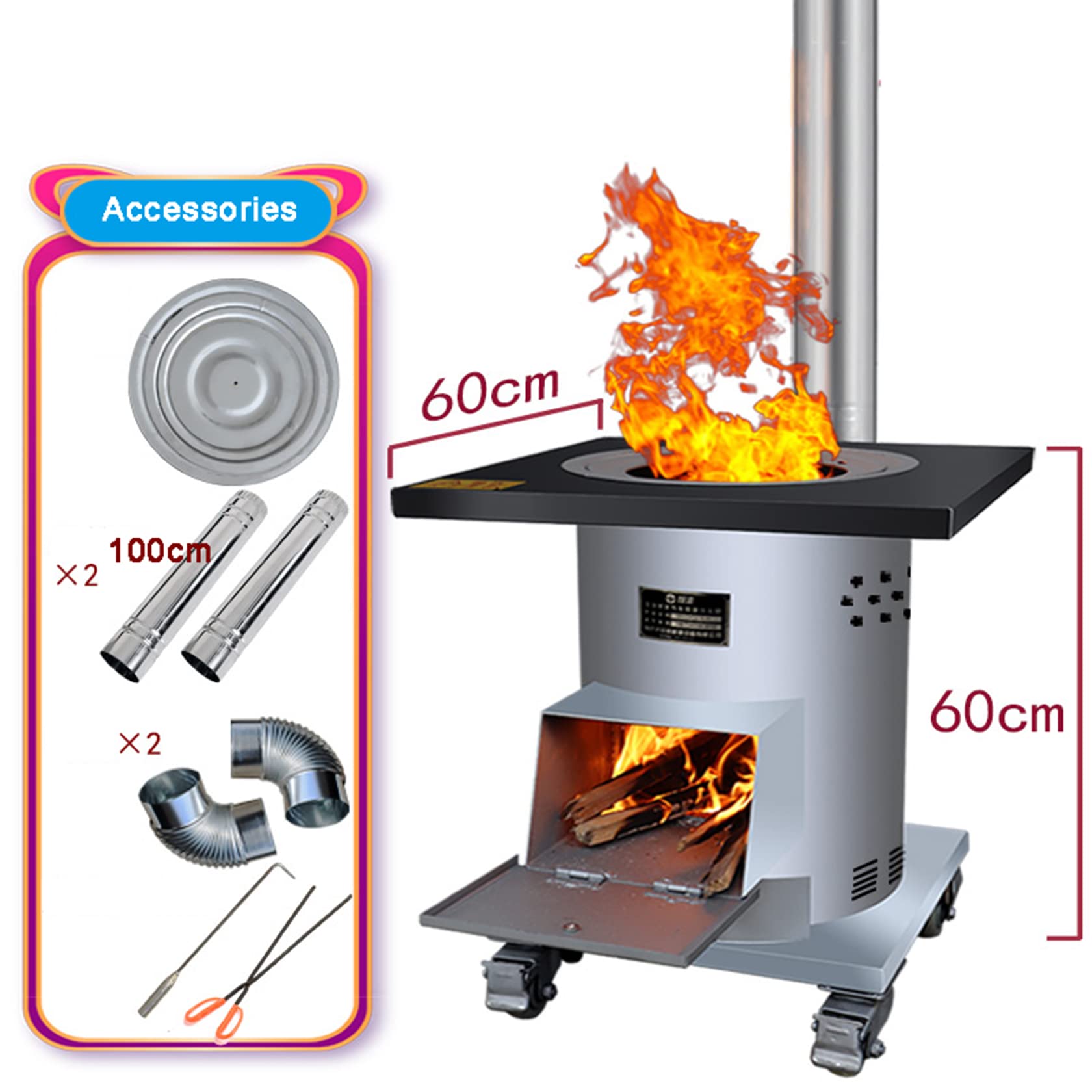 Portable Energy Efficient Gasification Wood Burning Stove - Indoor/Outdoor Smokeless Camping & Cooking Stove with Chimney, Anti-Scald Mesh & Handmade Iron Pan (60×60CM) - Perfect for Backpacking, Emergency Heating, and Outdoor Adventures