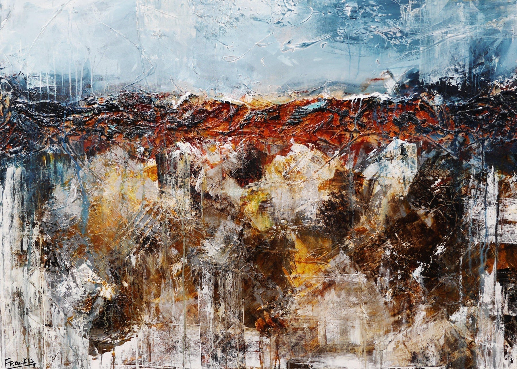 140cm x 100cm Brown Blue Textured Abstract Canvas Art - Oxide Landscape Modern Wall Painting for Living Room, Bedroom & Office Decor