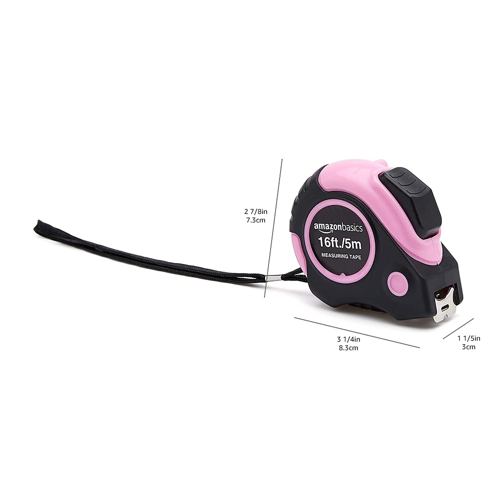 Amazon Basics 16-Foot Pink Tape Measure - Retractable, Durable & Easy to Read - Perfect for DIY Projects, Home Improvement & Crafting