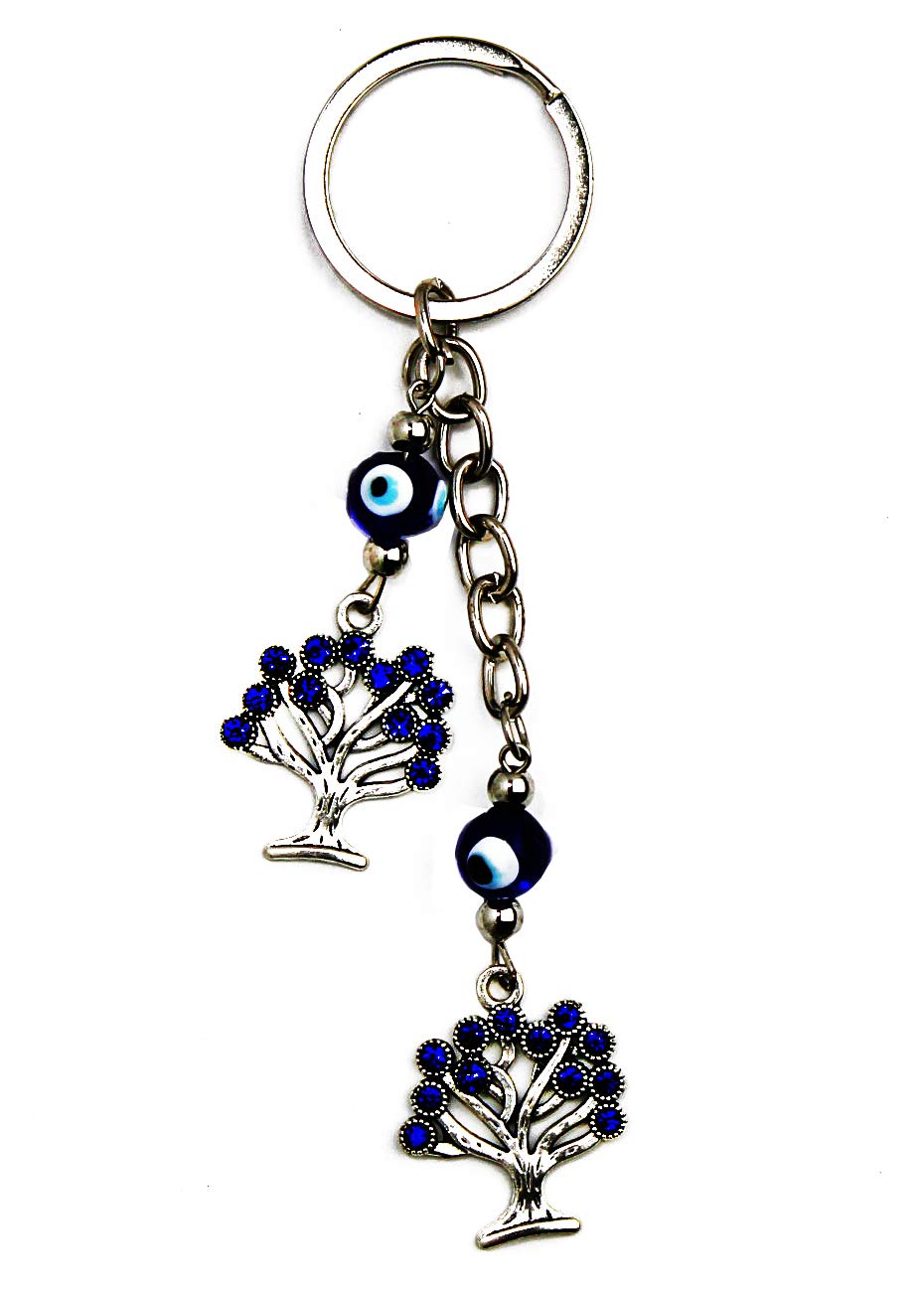 LUCKBOOSTIUM 2 Sacred Tree Charm Keychain with Blue Crystal & Evil Eye Beads - Protection Amulet for Good Luck & Blessings - Home Decor, Bag Accessory & Car Mirror Hanging (2” x 5”) - Perfect for Gifts, Spiritual Protection & Positive Energy