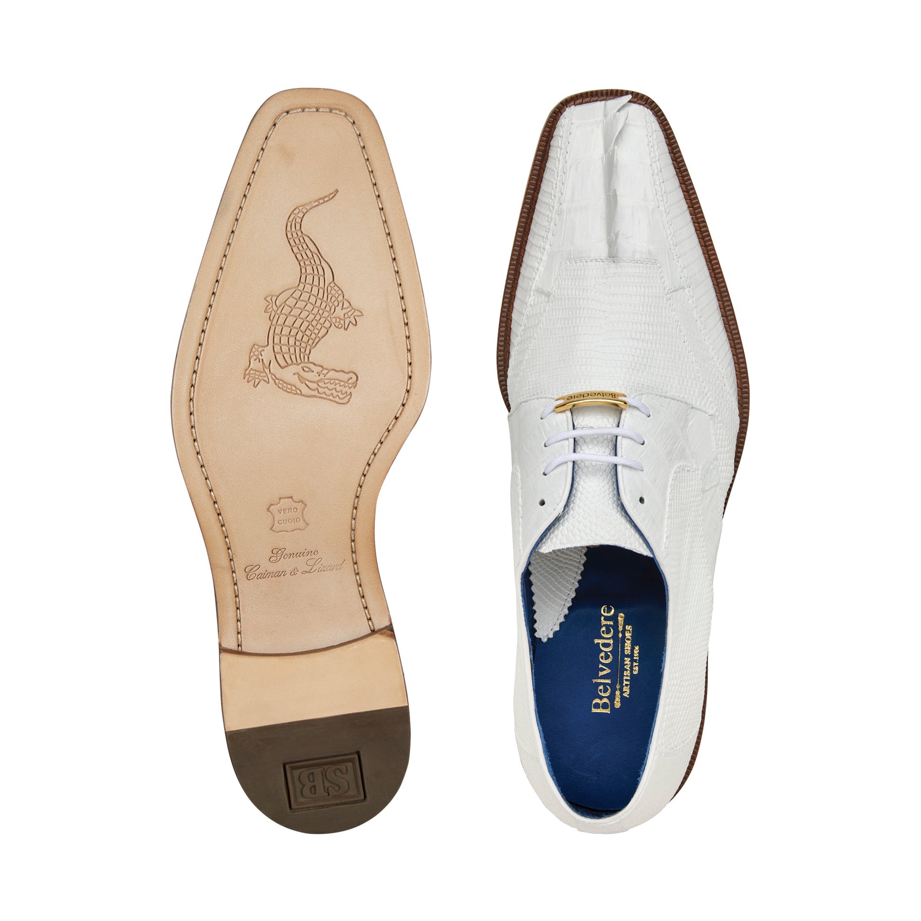 Belvedere Valter Genuine Caiman Crocodile & Lizard Leather Dress Shoes for Men - White Size 1480 - Premium Formal Business & Wedding Attire