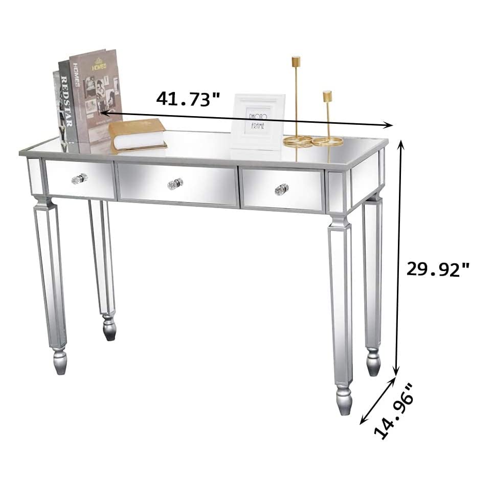 Modern Silver Mirrored Vanity Desk with 3 Drawers - Glass Console Table & Makeup Dressing Table for Bedroom, Living Room, Entryway | Perfect for Makeup Organization, Home Decor & Small Space Solutions