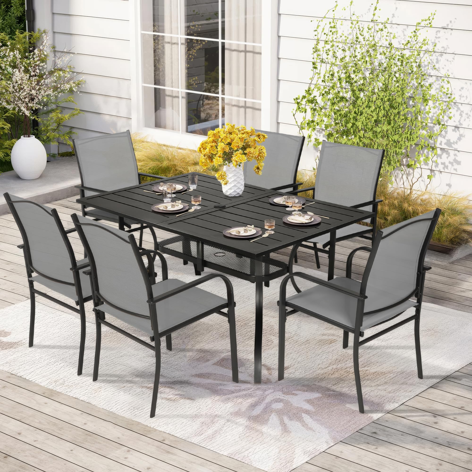 **Crownland 7-Piece Outdoor Patio Dining Set with Textilene Chairs & Rectangular Table - Light Grey - Perfect for Backyard, Garden, and Poolside Dining**