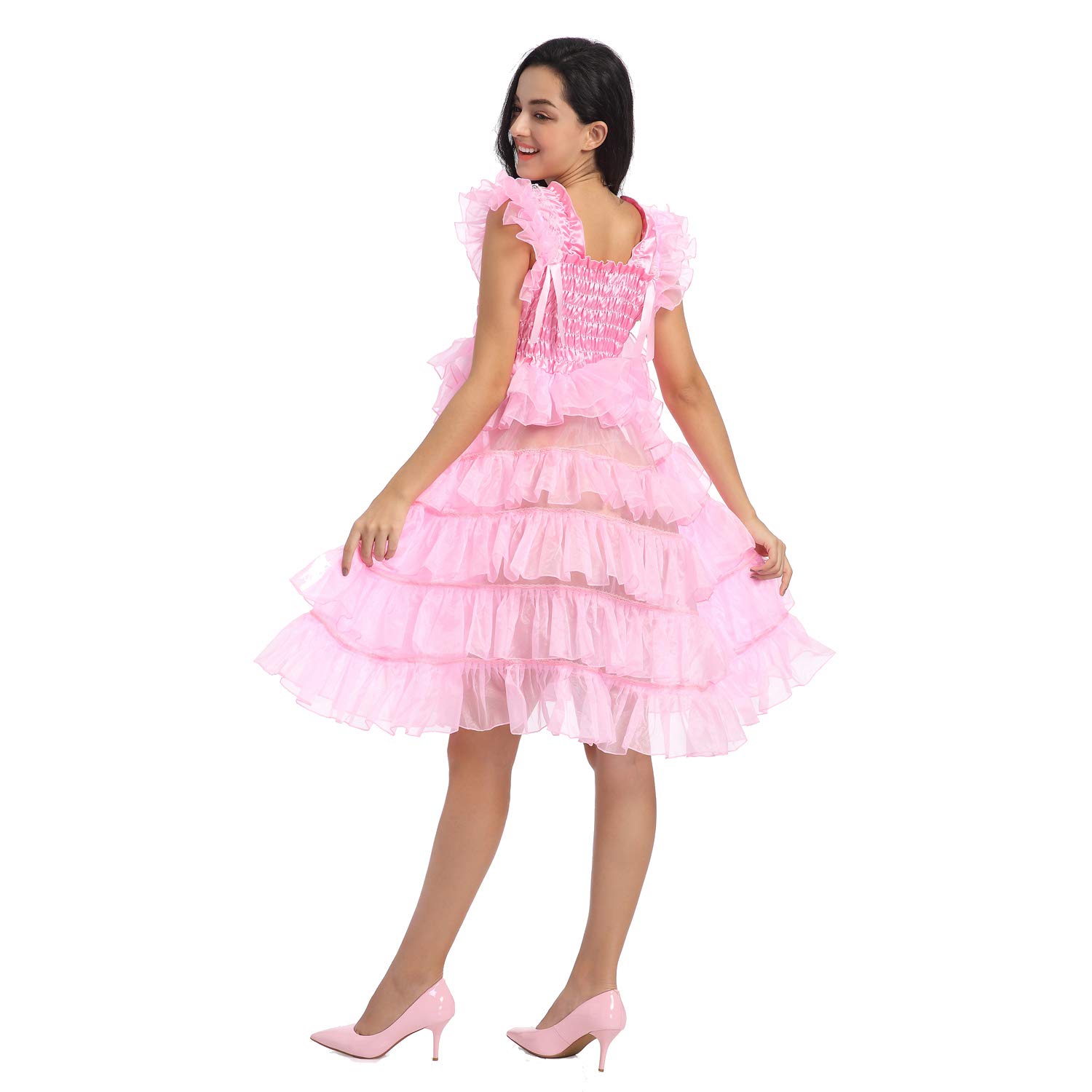 JOLINE Women's Pink Organza Layered Sissy Dress for Crossdressing - Perfect for Cosplay, Parties, and Special Occasions