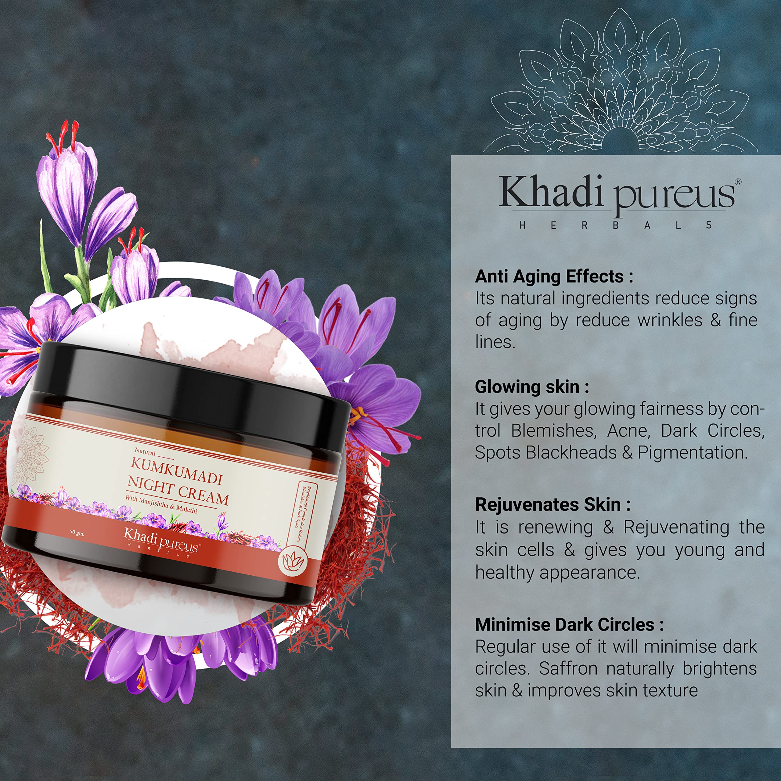 PUREUS Khadi Herbals Siyasundari Kumkumadi Night Cream - Anti-Aging Face Cream for Glowing Skin, Reduces Pigmentation, Dark Circles & Blackheads (50g) | Rejuvenating Night Treatment for Radiant Complexion | Perfect for Evening Skincare Routine & Anti-Aging Regimen