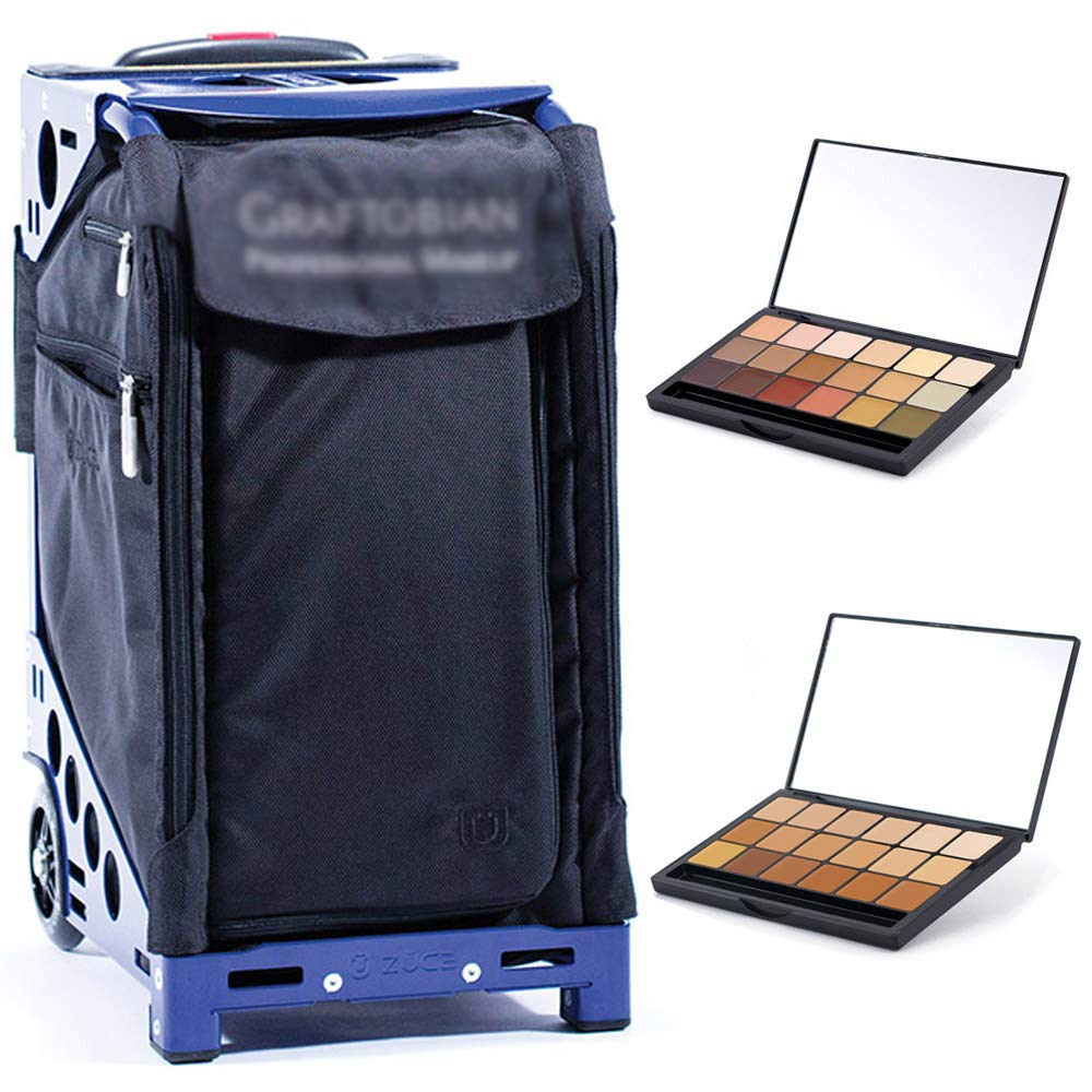 Zuca Pro Artist Wheeled Makeup Case with 2 HD Super Palettes - Professional Cosmetic Organizer with Black Insert Bag, Navy Blue Frame, 5 Vinyl Bags & Travel Cover - Perfect for Makeup Artists, Travel & Salon Storage (Graftobian)