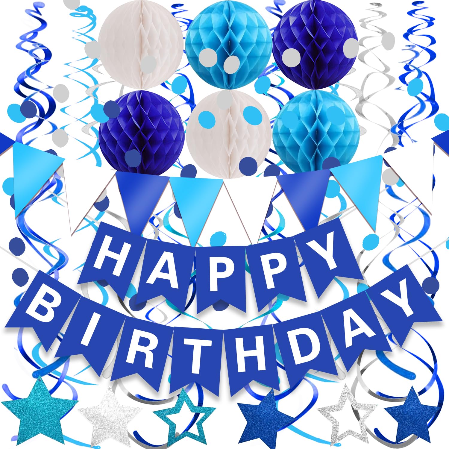 FECEDY Navy Blue Happy Birthday Banner - Party Decorations with Paper Bunting, Circle Confetti, Garland Swirl Streamers & Honeycomb Balls - Perfect for Birthday Parties, Baby Showers & Celebrations