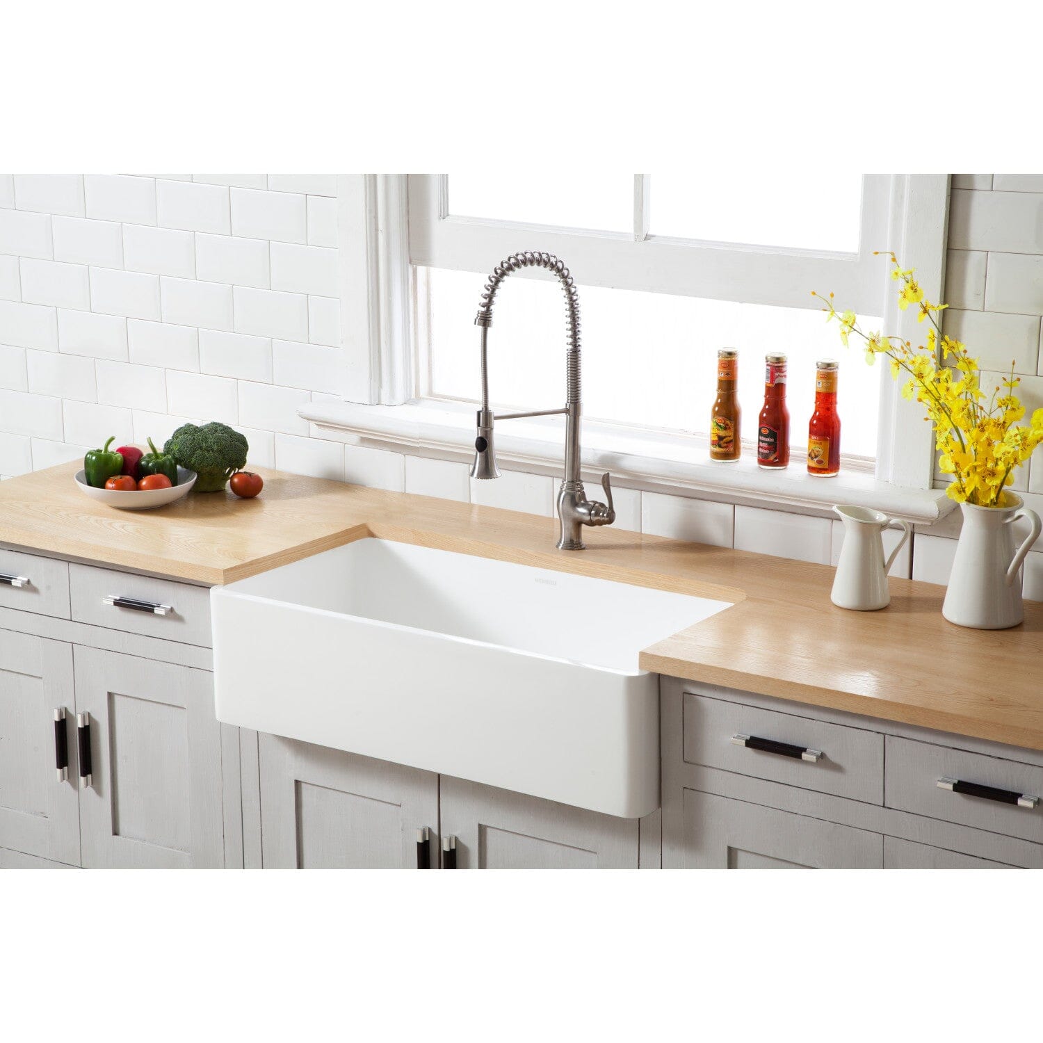 Arcticstone 36 Inch White Solid Surface Farmhouse Kitchen Sink - Single Bowl Apron Front Design with Strainer - Perfect for Modern Farmhouse, Rustic & Country Style Kitchens